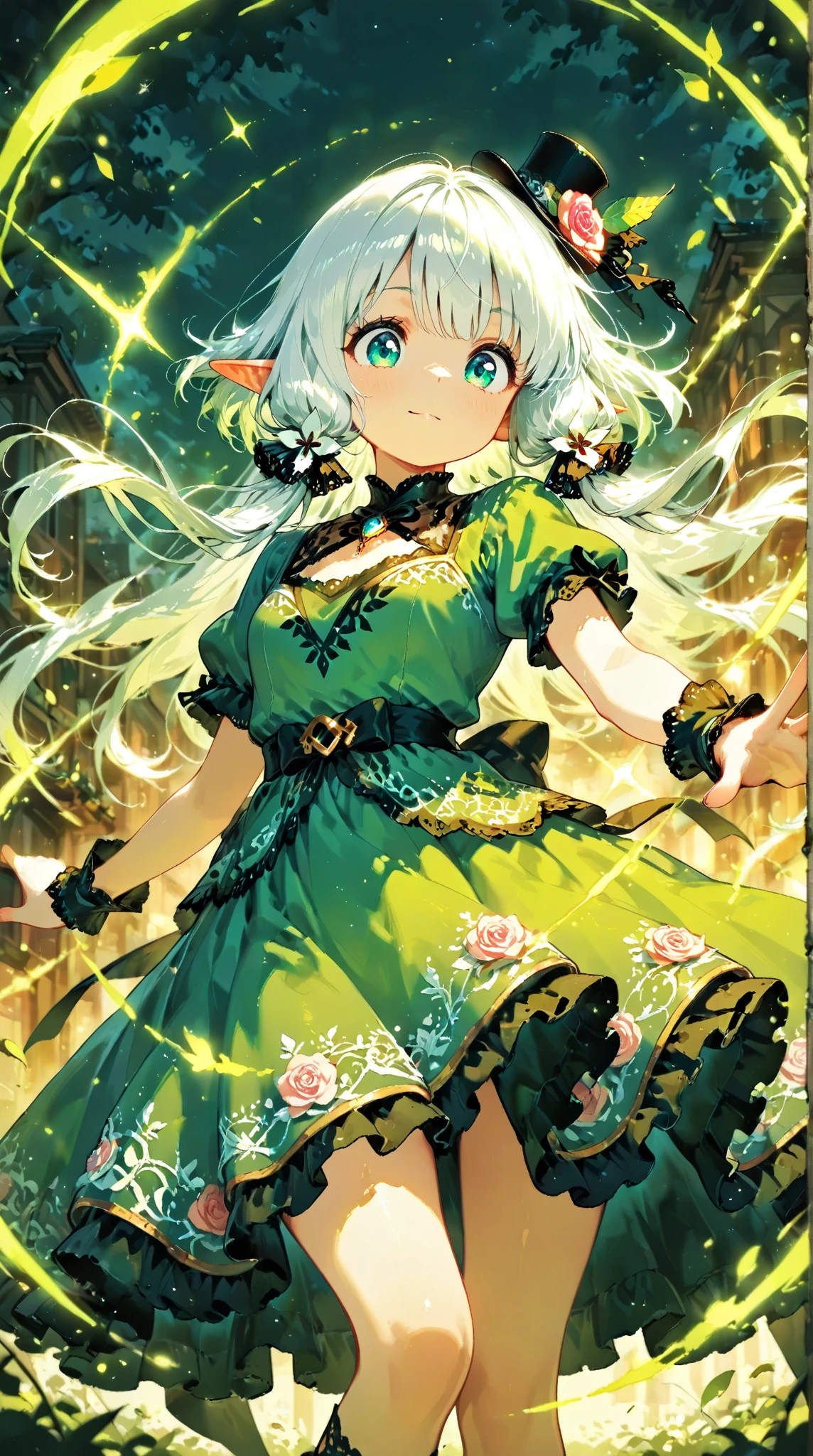 score_9, score_8_up, score_7_up, UHD, Masterpiece, amazing quality, very aesthetic, absurdres, ultra-detailed, BREAK, 1girl\solo\(hamuko-chan, elf, silver bob cut:1.3,  mini hat\pink rose\lace, Intricate:1.3\Green leaf dress\frill, lace),  BREAK, (riding a magical broomstick through the sky in a dynamic and joyful pose,
legs stretched forward enthusiastically as she soars through the air, expressing excitement and freedom,), BREAK, soft magical particles and light sparkles surrounding her, enhancing the sense of movement and joy, BREAK, background with subtle fantasy elements that complement the green dress, soft gradient lighting, vibrant colors, perfect , graceful and energetic pose, cinematic lighting with rim light highlighting the edges of the character and dress), BREAK, BREAK, dynamic angle:1.5, panorama:1.2, cinematic:1.3, atmosphere of discovery and wonder, illustrious art style, cinematic and immersive scene, low angle, 