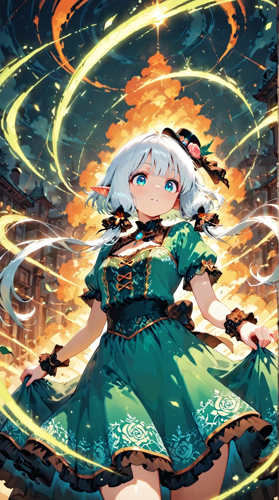 score_9, score_8_up, score_7_up, UHD, Masterpiece, amazing quality, very aesthetic, absurdres, ultra-detailed, BREAK, 1girl\solo\(hamuko-chan, elf, silver bob cut:1.3,  mini hat\pink rose\lace, Intricate:1.3\Green leaf dress\frill, lace),  BREAK, (riding a magical broomstick through the sky in a dynamic and joyful pose,
legs stretched forward enthusiastically as she soars through the air, expressing excitement and freedom,), BREAK, soft magical particles and light sparkles surrounding her, enhancing the sense of movement and joy, BREAK, background with subtle fantasy elements that complement the green dress, soft gradient lighting, vibrant colors, perfect , graceful and energetic pose, cinematic lighting with rim light highlighting the edges of the character and dress), BREAK, BREAK, dynamic angle:1.5, panorama:1.2, cinematic:1.3, atmosphere of discovery and wonder, illustrious art style, cinematic and immersive scene, low angle, 