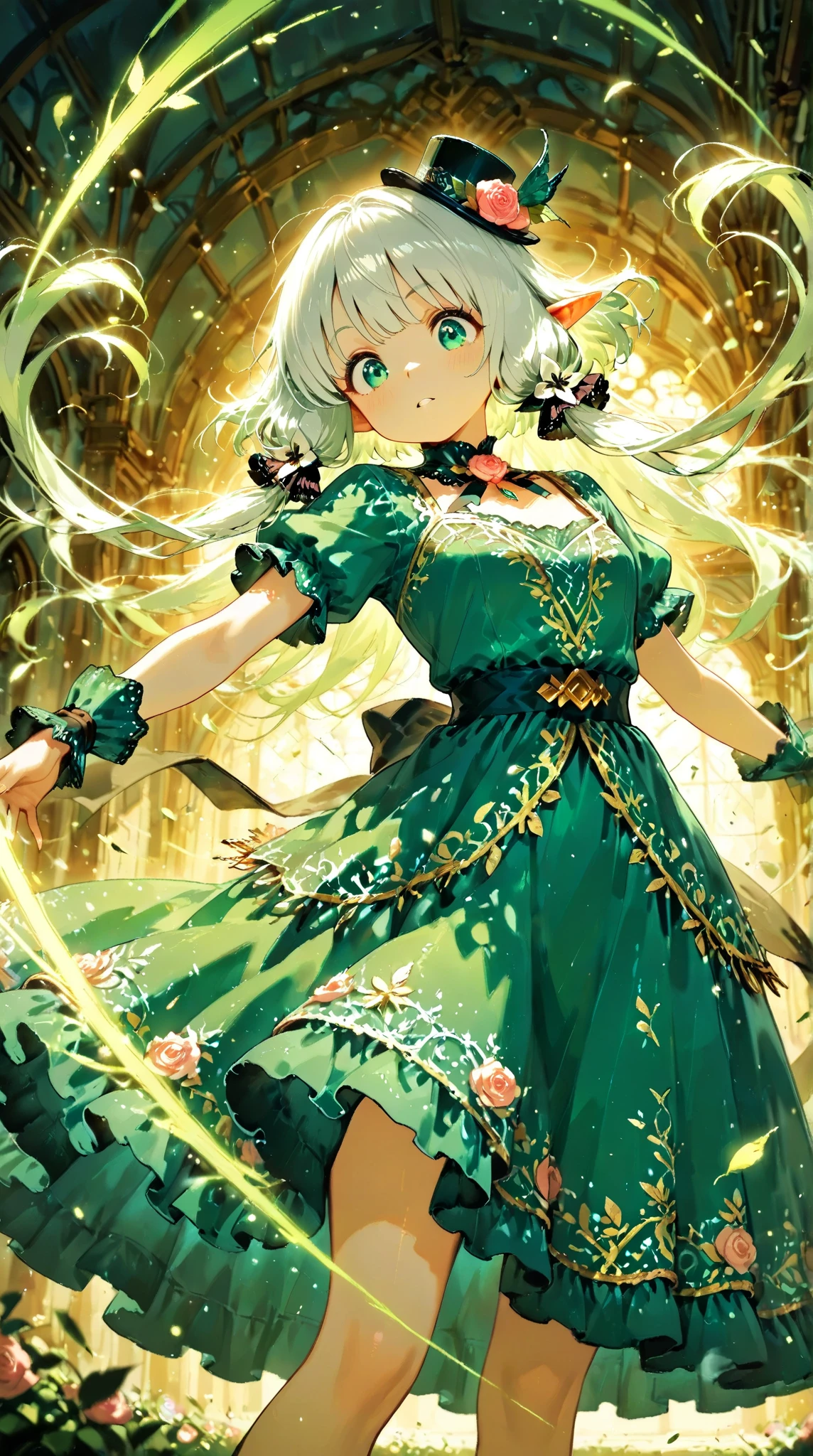 score_9, score_8_up, score_7_up, UHD, Masterpiece, amazing quality, very aesthetic, absurdres, ultra-detailed, BREAK, 1girl\solo\(hamuko-chan, elf, silver bob cut:1.3,  mini hat\pink rose\lace, Intricate:1.3\Green leaf dress\frill, lace),  BREAK, (riding a magical broomstick through the sky in a dynamic and joyful pose,
legs stretched forward enthusiastically as she soars through the air, expressing excitement and freedom,), BREAK, soft magical particles and light sparkles surrounding her, enhancing the sense of movement and joy, BREAK, background with subtle fantasy elements that complement the green dress, soft gradient lighting, vibrant colors, perfect , graceful and energetic pose, cinematic lighting with rim light highlighting the edges of the character and dress), BREAK, BREAK, dynamic angle:1.5, panorama:1.2, cinematic:1.3, atmosphere of discovery and wonder, illustrious art style, cinematic and immersive scene, low angle, 