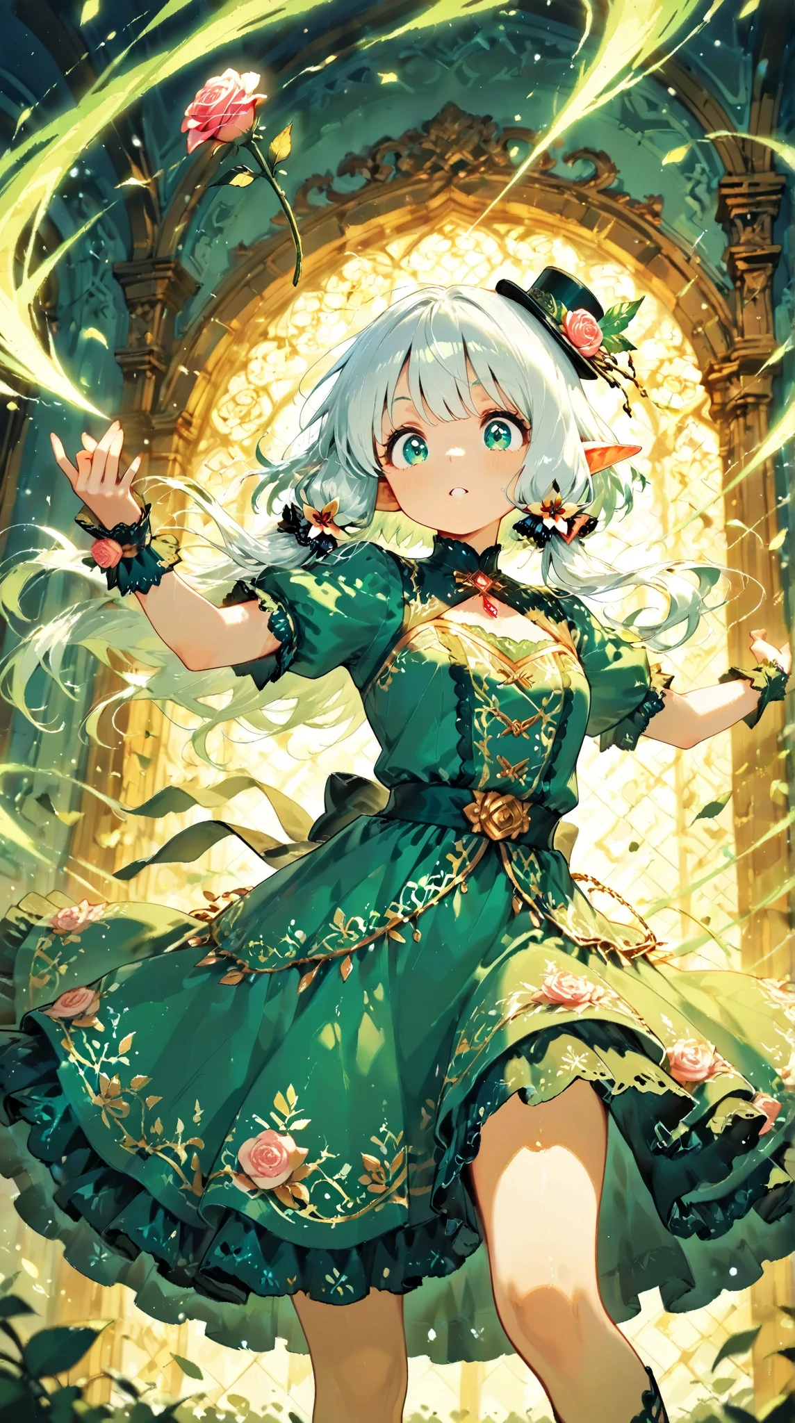 score_9, score_8_up, score_7_up, UHD, Masterpiece, amazing quality, very aesthetic, absurdres, ultra-detailed, BREAK, 1girl\solo\(hamuko-chan, elf, silver bob cut:1.3,  mini hat\pink rose\lace, Intricate:1.3\Green leaf dress\frill, lace),  BREAK, (riding a magical broomstick through the sky in a dynamic and joyful pose,
legs stretched forward enthusiastically as she soars through the air, expressing excitement and freedom,), BREAK, soft magical particles and light sparkles surrounding her, enhancing the sense of movement and joy, BREAK, background with subtle fantasy elements that complement the green dress, soft gradient lighting, vibrant colors, perfect , graceful and energetic pose, cinematic lighting with rim light highlighting the edges of the character and dress), BREAK, BREAK, dynamic angle:1.5, panorama:1.2, cinematic:1.3, atmosphere of discovery and wonder, illustrious art style, cinematic and immersive scene, low angle, 