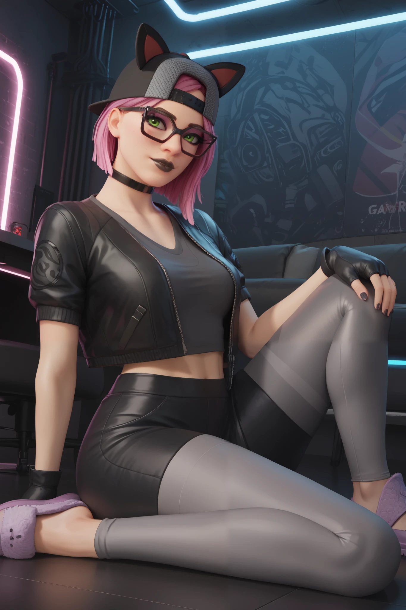 girl (masterpiece),choker,black lips,black cap,fingerless gloves,evening (only)loose Dark gray V-neck t-shirt, Black jacket (black leather shorts with grey leggings),video games,gamer room,with neon light,beautiful green eyes,short pink hair,glasses,sitting on the floor, Cat Grey Slippers,sitting on the floor,black floor,Futuristic room, neon light