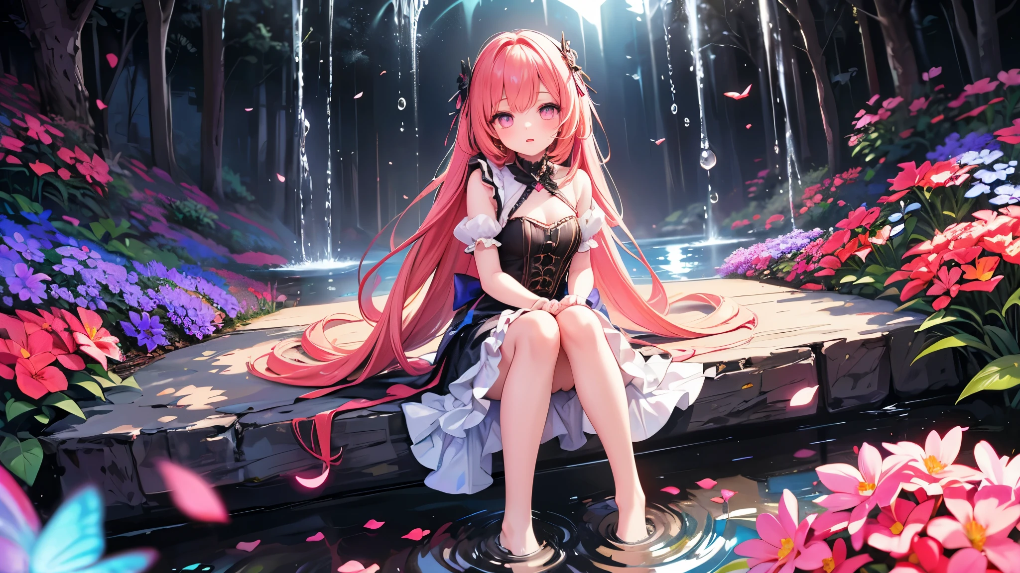(1girl, full body, POV, duck sitting posture), (an extremely delicate and beautiful girl:1.4), masterpiece, best quality, ultra-detailed, 8K CG wallpaper. She has big, bright lavender eyes with pink heart-shaped pupils, watery highlights, looking at viewer. Beautiful face, perfect and delicate limbs. Wearing a frilly dress with short puffy sleeves, decorated with flowers and butterflies.
She sits gracefully in a flower ocean, surrounded by pastel-colored blossoms, butterflies, falling petals, and soft snowflakes. Dreamy glow, glitter, light particles, water spray, and fine luminescence create a magical atmosphere. Outdoors, garden of the sun, splashing water, gifts and candies scattered. C4D, 3D, realistic, high contrast, depth of field, chromatic aberration, soft pastel colors, glary light, and extremely detailed composition.