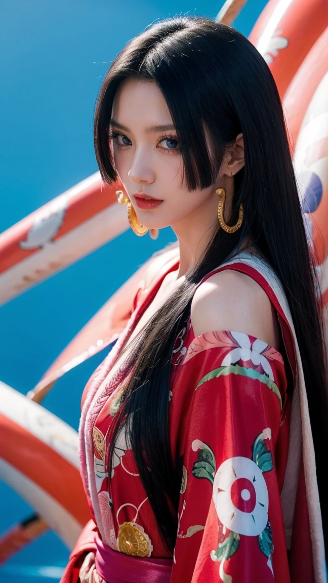 a person with long hair, red kimono, boa hancock, boa hancock from anime one piece, as an anime character, perfect anime face, she has black hair with bangs, female anime character, anime character, anime best girl, hime cut hairstyle, black hair, (red glossy lips:1.3), blue eyes, smile, sea background, (beautiful face:1.3)