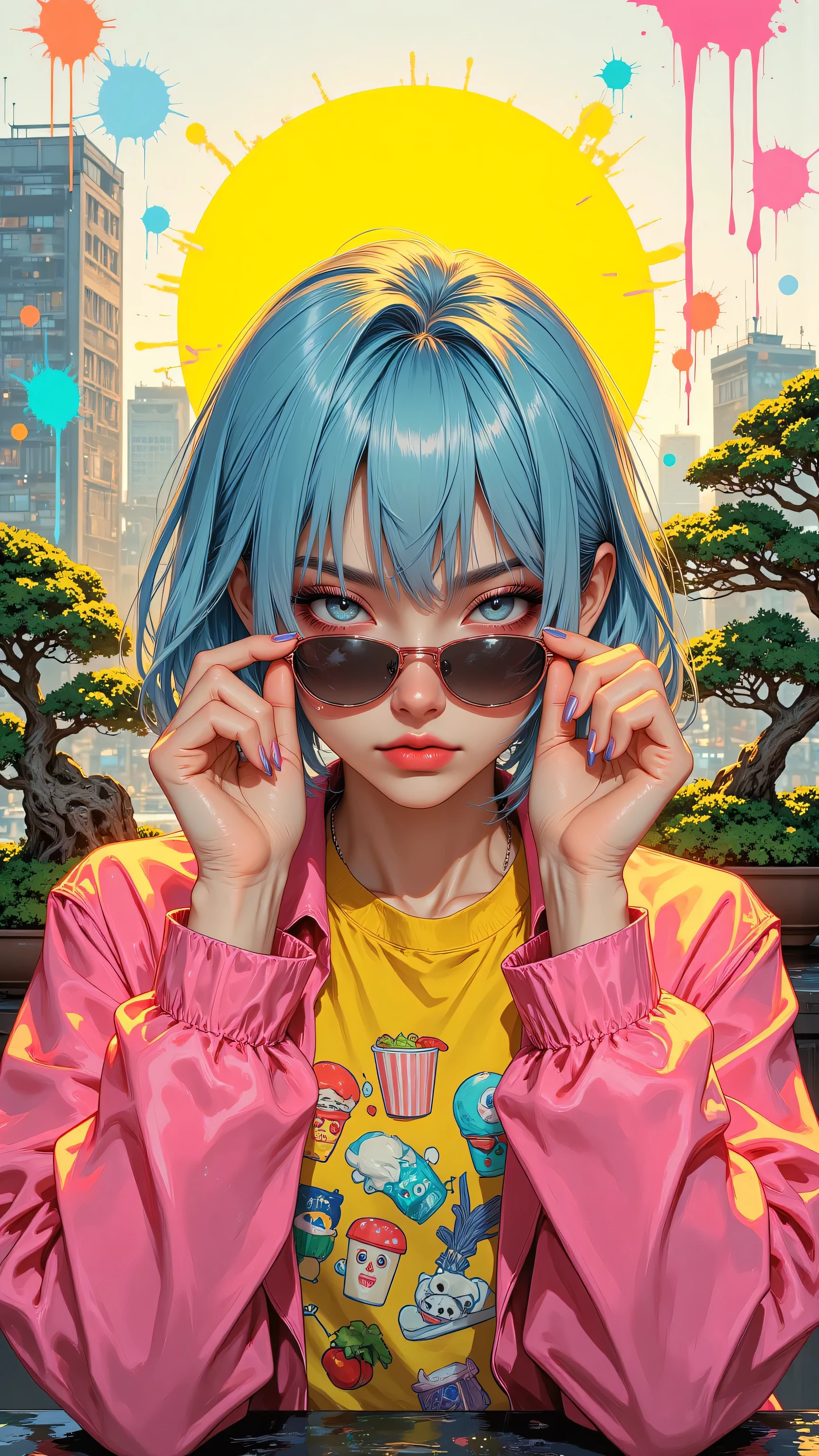 8k, Masterpiece, Top Quality, woman, Short blue hair, sunglasses, serious expression. Pink jacket, cartoon food pattern, yellow shirt. Hands holding sunglasses, slightly hunched posture. Urban cityscape, bonsai trees, yellow circle, colorful abstract splashes.
