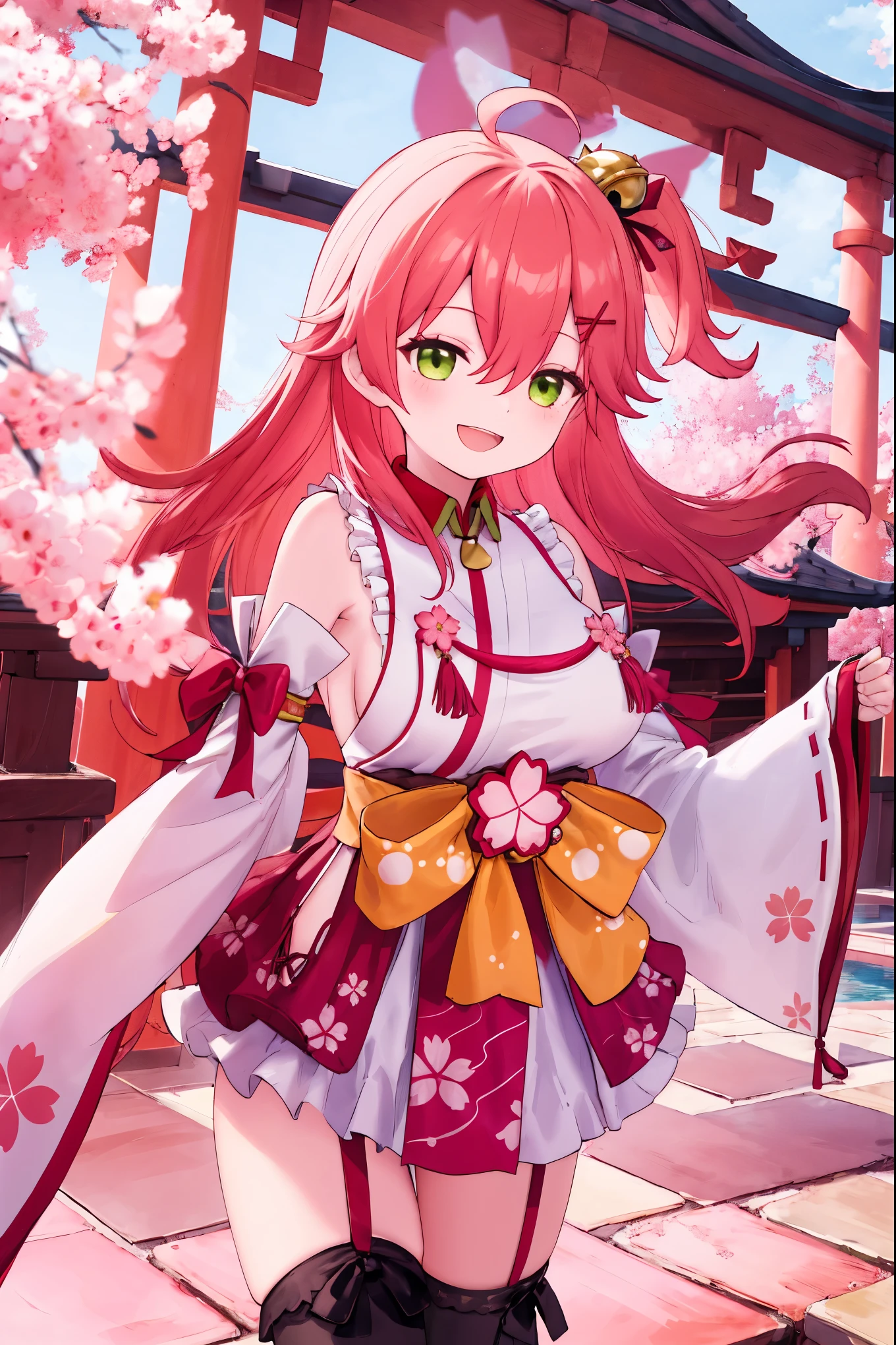 masterpiece, best quality, highres, miko1, sakura_miko, 1girl, big_boobs, solo, ahoge, x_hair_ornament, light_red_hair, floral print, hairclip,(side_less_clothes:1.5), (side_boobs:1.5), hair_bell, floral print, long_hair, hair between eyes, one side up, white thighhighs, asymmetrical legwear, wide sleeves, open_mouth,(happy:1.3),green_eyes,big_smile,(XD:1.5),plump,half_closed_eyes,(overly_long_sleeves:1.3),),sleeves_past_wrists,hands_hidden_sleeves,sidelock_clothes,solo,hidden_wrists,covered_nipples,sunlight,cherryblossom_temple_landscape_background,rise_arms, trying_to_hug,raise_arms