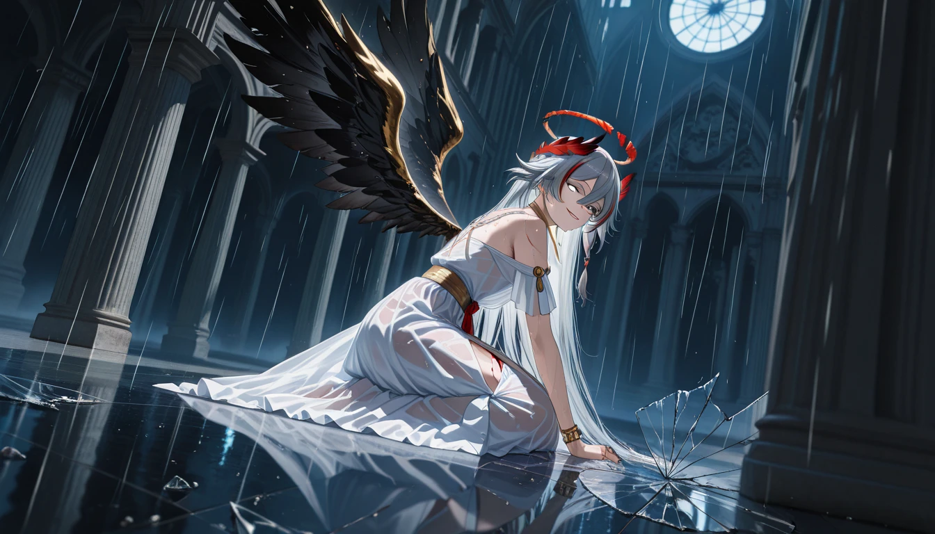 ((A long shot)) of a black-haired anime  girl, ((sitting in a bloody river)), ((strong moonlight)), cinematic light, slim body, skin is perfectly healthy, soft, and smooth, Extremely delicate and beautiful CG illustration, best quality, high resolution, dynamic angle, full-length lens, (1 girl), floating, (soft light, high-key lighting), glowing light, blue halo, feathers fluttering background, blue crystal, ((very cinematic)), (((blood covered in her entire body))), ((half naked)), ((torn clothes))