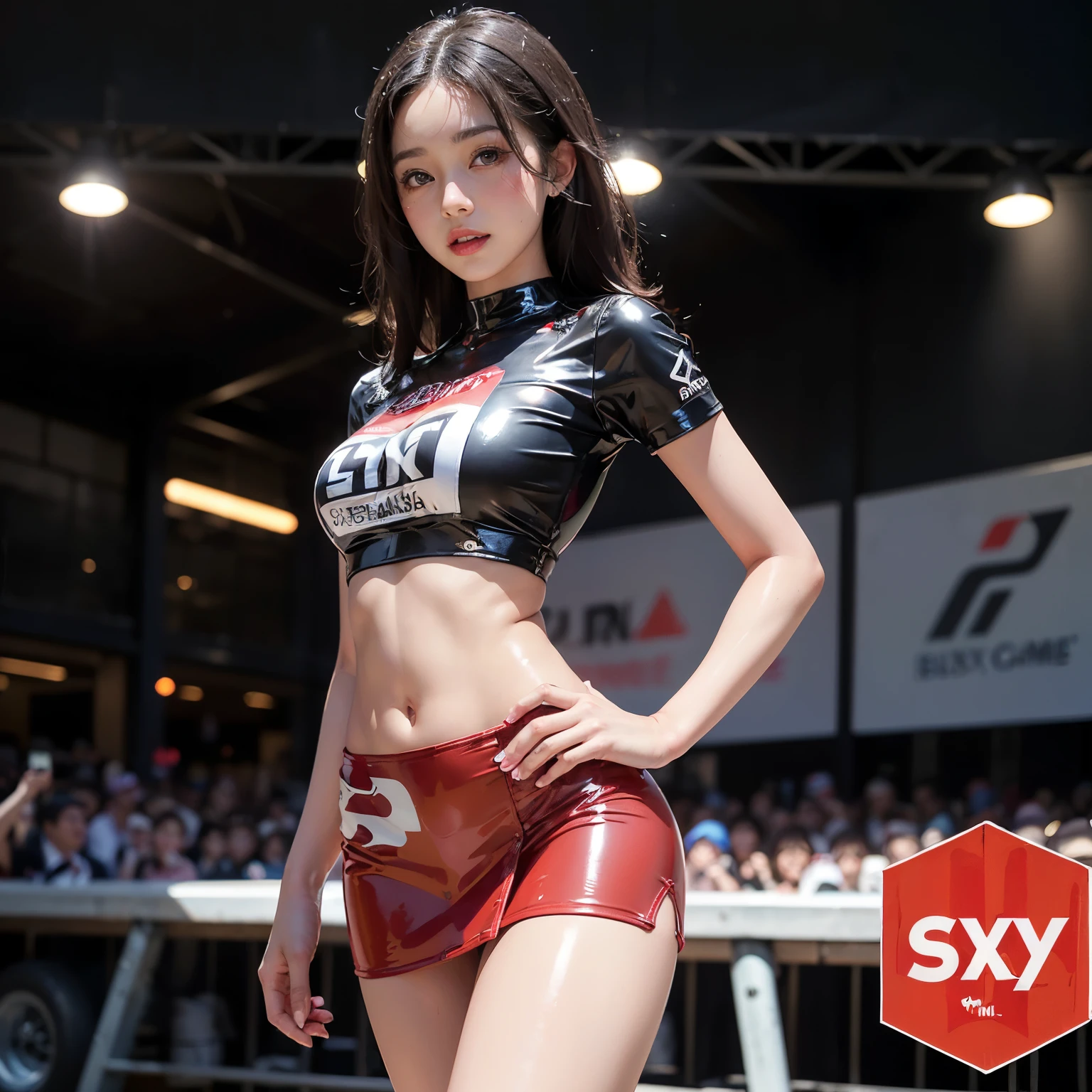 Super detailed photos、Detailed face、Lip gloss、Cool woman、Colorful costumes、F1 Driver Cosplay、Colorful costumes、Clothing with company logo、Grid Girlsのカラフルで派手な衣装、Grid Girls、Perfect Face、Paddock Girls、Harem、motor Show、tights、Bodycon Costumes、Grid Girls、Russia、Grid Girlsのコスプレ、belly button、Pleated skirt、Bodycon Costumes、Legs open pose、Spread your legs to show your crotch