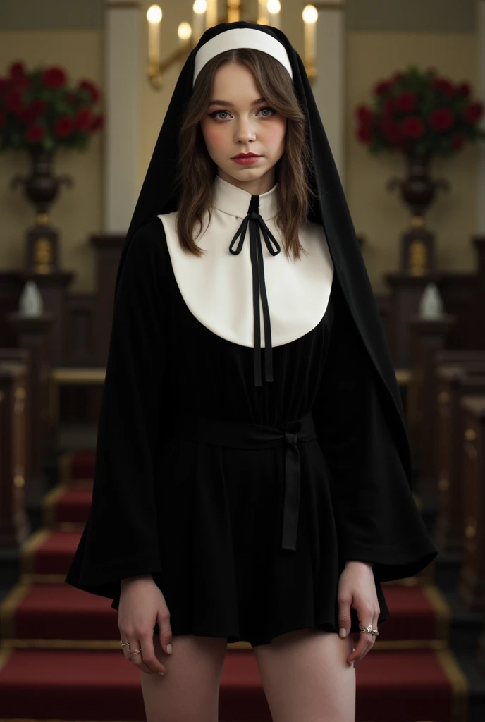A realistic picture of a young medieval European nun wearing a dark blue habit