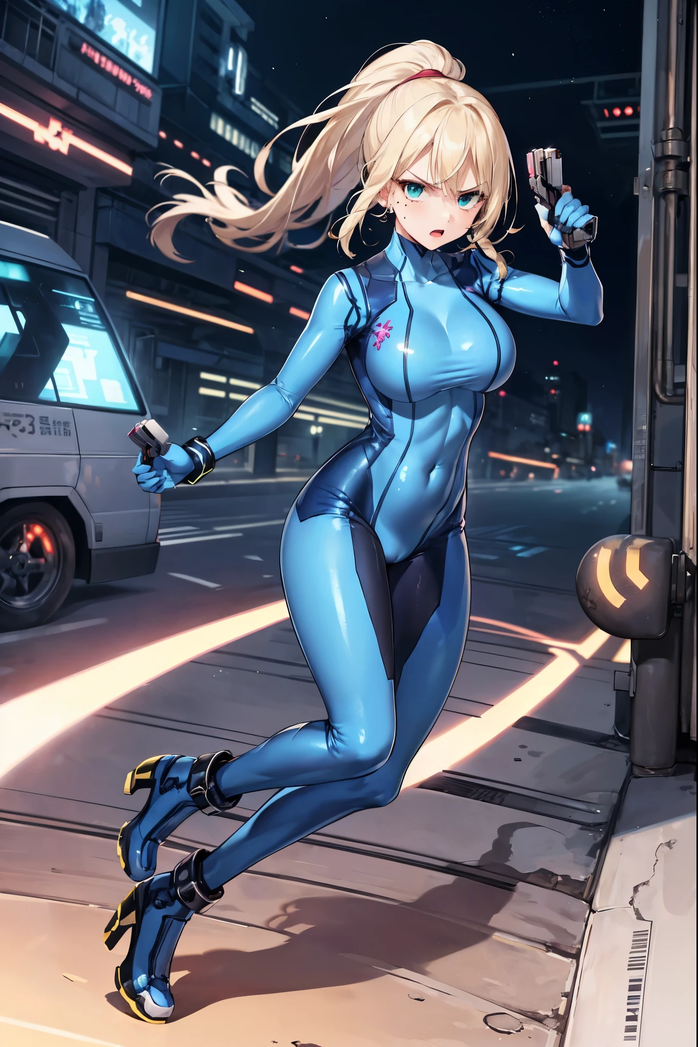masterpiece, best quality, highres, 1girl, solo, superhero, leotard, bare legs, boots, matching boots, aura, blue aura, sleeveless, gloves, bracelets, matching gloves, looking at viewer, light particles, city backdrop, perfect hands, perfect eyes, powering up, perfect leotard, perfect legs, perfect arms, perfect fingers, blue and white leotard, blonde hair, blue eyes, medium breasts, long hair, standing, hands on hip, full body, power,