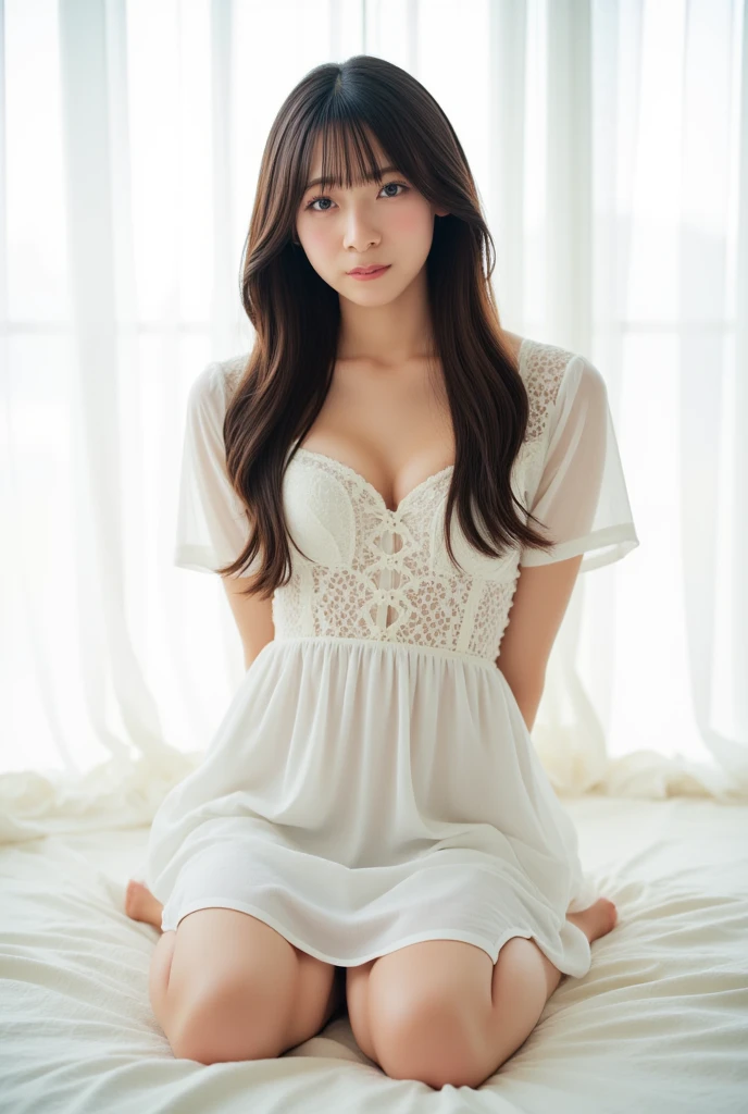 Beautiful girl in white lace lying on the sofa