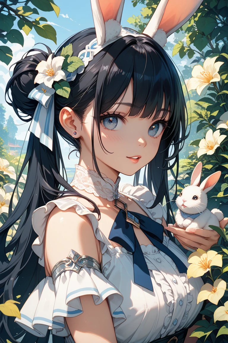 masterpiece, Highest quality, Flowers, garden, One girl, Butterfly style, butterfly, Blue Hair, Bunny ears,