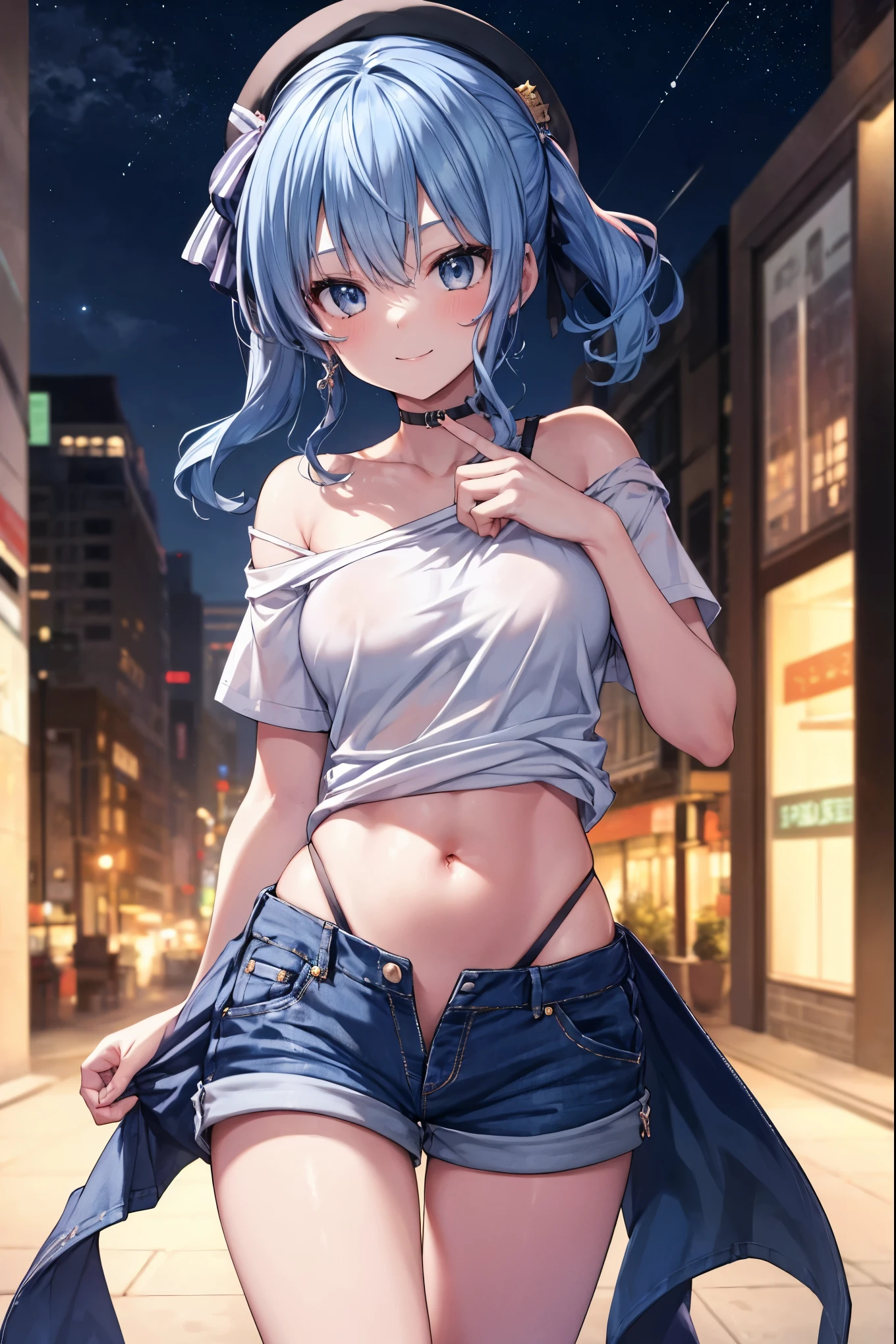 NSFW,One girl,hoshimachi suisei,blue eyes,Blue Hair,choker,Hair between the eyes,Medium Hair,Side Ponytail,スターchoker,Small breasts,Jacket,Tank top,cropped,Shorts,Thigh straps,Downtown at night,(Perfect hands),(Perfect Anatomy),(masterpiece),(highest quality)