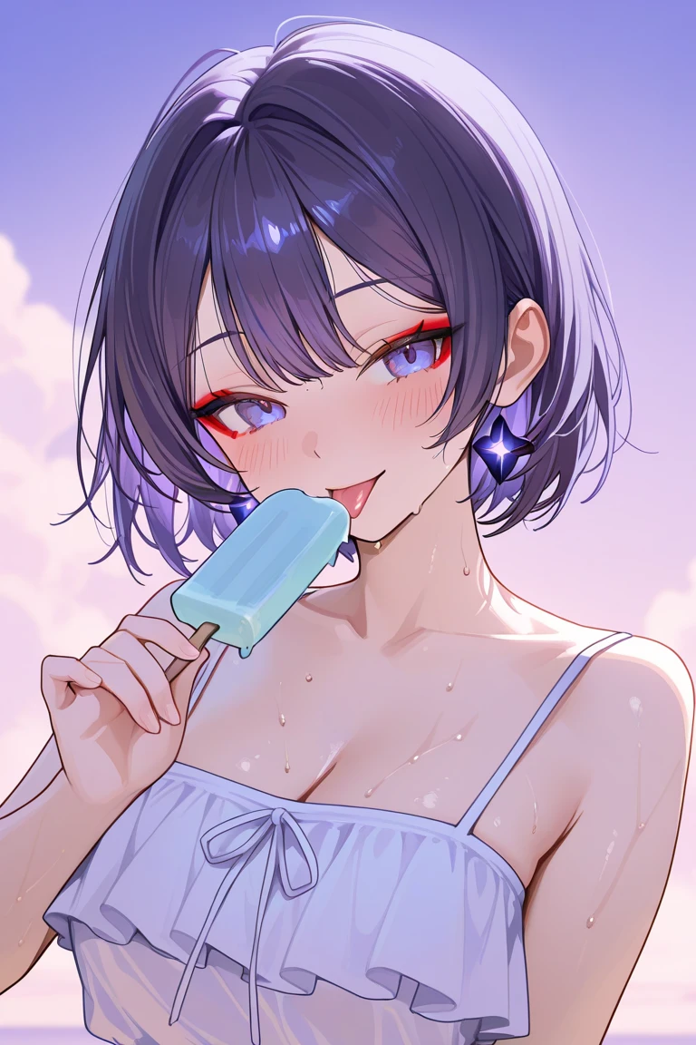 best quality, masterpiece, highres, solo, {yelan_genshin:1.15}, bangs, blue_hair, short_hair, green_eyes, breasts, jewelry, diagonal_bangs, large_breasts, bob_cut, earrings, black_hair, smile, cleavage, mole, multicolored_hair, dice, parted_lips, mole_on_breast, armpits, upper_body, 1girl, blush, eating, food, holding, holding_food, looking_at_viewer, popsicle, swimsuit, arm_up, blue_one-piece_swimsuit, collarbone, competition_swimsuit, licking, one-piece_swimsuit, ass, multiple_views, tongue