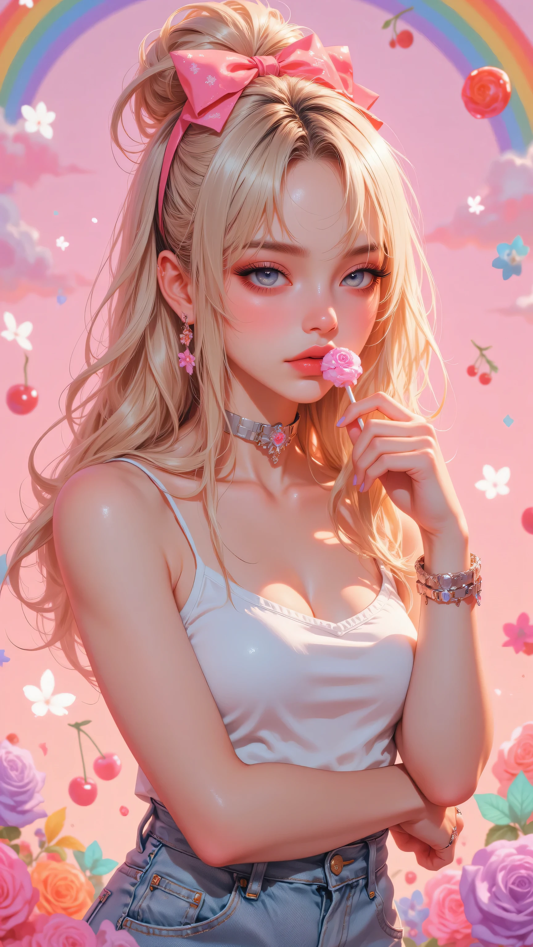 8k, Masterpiece, Top Quality, Close-up,  blonde, half-updo,  pink bows, flowers, white tank top, light-wash jeans, lollipop, hand-on-cheek, serious, pensive, pink, orange, purple, cherries, rainbows, flowers, candy, swirls, whimsical, digital, graphic, bright, cheerful, retro, soft lighting, blurred.