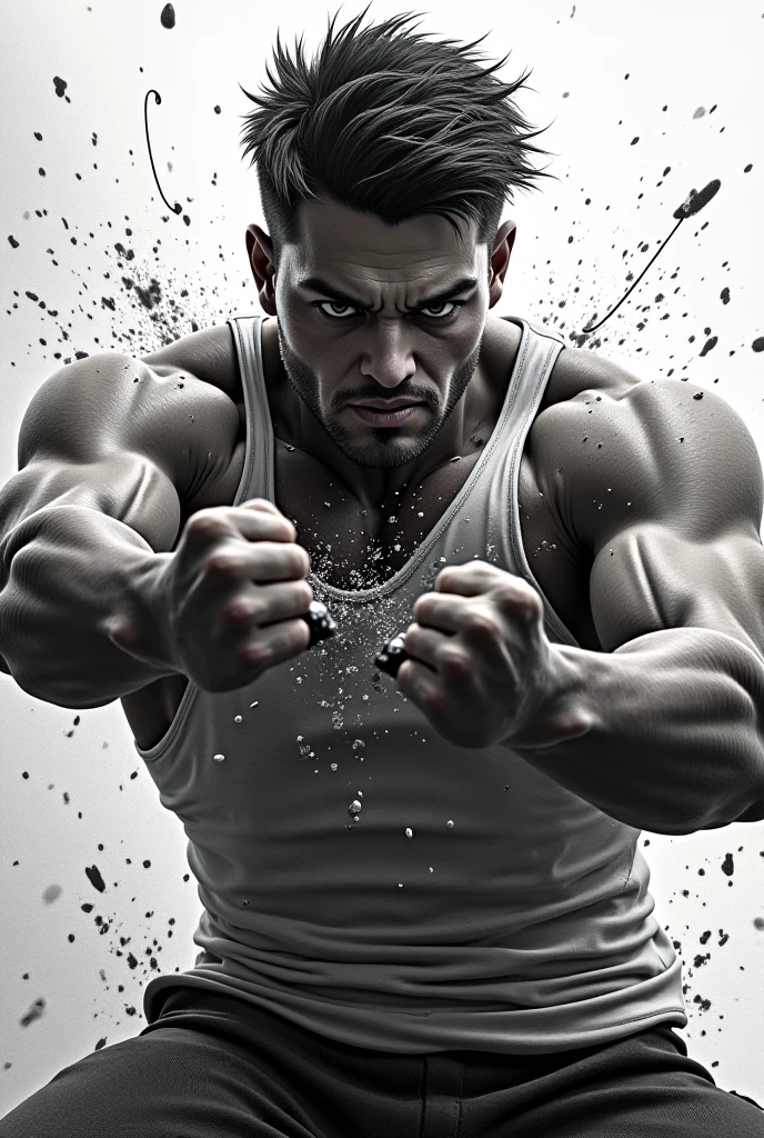 A muscular man with a defined, athletic build, featuring short, light brown hair styled in a modern high fade with a slicked-back top. He has a neatly trimmed beard and strong facial features, including a sharp jawline and intense expression with medium brown eyes. He is wearing a sleeveless light gray hoodie with the word 'fight' boldly printed on the chest. His arms are well-defined, with one arm showcasing a detailed, full-sleeve tattoo. He is dressed in tight, dark brown leather pants that accentuate his physique and heavy-duty black wristbands on both wrists. The overall look is powerful and intimidating, with a focus on strength and determination