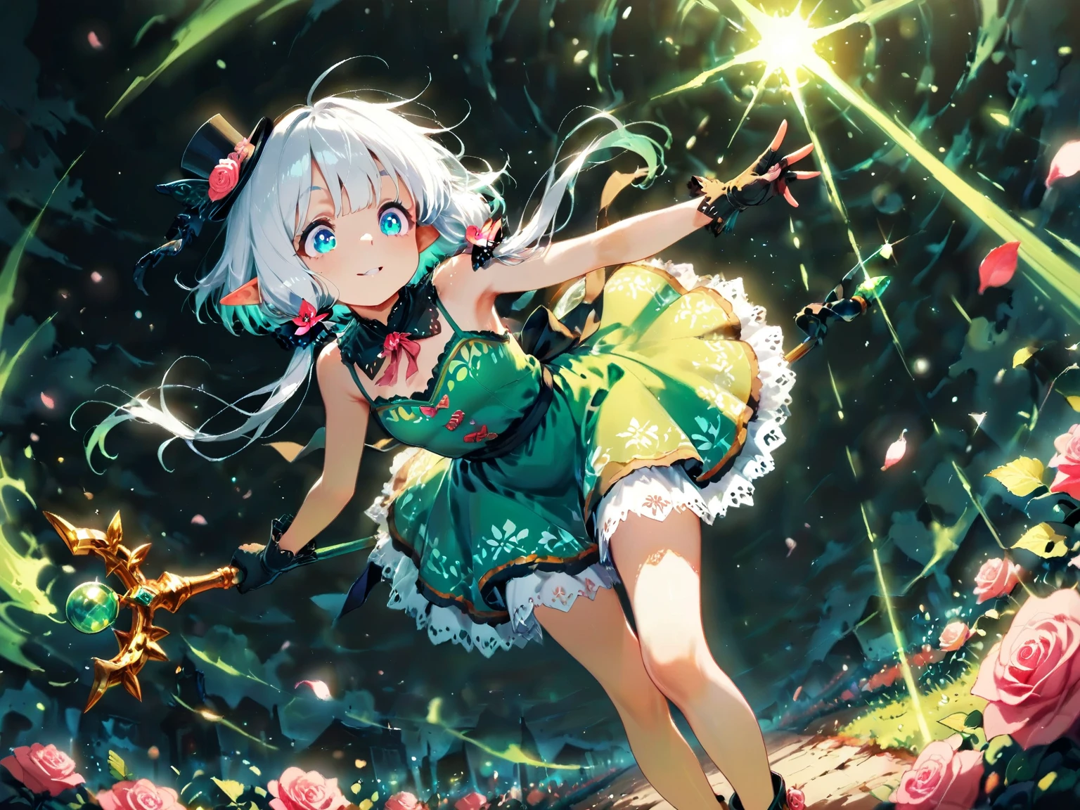 cherry blossoms, cloud, looking at viewer, moon, night, night sky, outdoors, petals, blue moon, rose petals, sky, star sky, starry sky, sun, (field, ruins, morning glory:1.1), highres, color trace, looking away, pov crotch, between legs, (long sleeves, miniskirt, bare legs, bow, leg garter, gothic:1.1), (solo:1.1), 1girl, (loli:1.1), (Heterochromia:1.1)( messy hair),((green hair:1.8)),( long hair:1.2), blush, fang