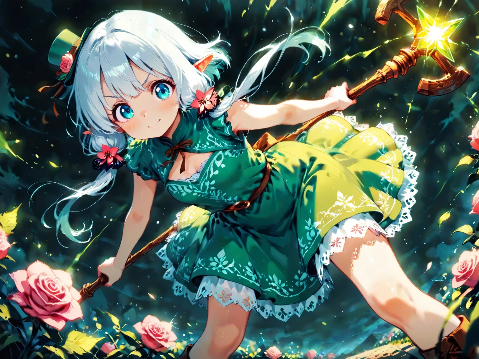 score_9, score_8_up, score_7_up, UHD, Masterpiece, amazing quality, very aesthetic, absurdres, ultra-detailed, BREAK, 1girl\solo\(hamuko-chan, elf, silver bob cut:1.3,  mini hat\pink rose\lace, Intricate:1.3\Green leaf dress\frill, lace),  BREAK, (riding a magical broomstick through the sky in a dynamic and joyful pose,
legs stretched forward enthusiastically as she soars through the air, expressing excitement and freedom,), BREAK, soft magical particles and light sparkles surrounding her, enhancing the sense of movement and joy, BREAK, background with subtle fantasy elements that complement the green dress, soft gradient lighting, vibrant colors, perfect , graceful and energetic pose, cinematic lighting with rim light highlighting the edges of the character and dress), BREAK, BREAK, dynamic angle:1.5, panorama:1.2, cinematic:1.3, atmosphere of discovery and wonder, illustrious art style, cinematic and immersive scene, low angle, 