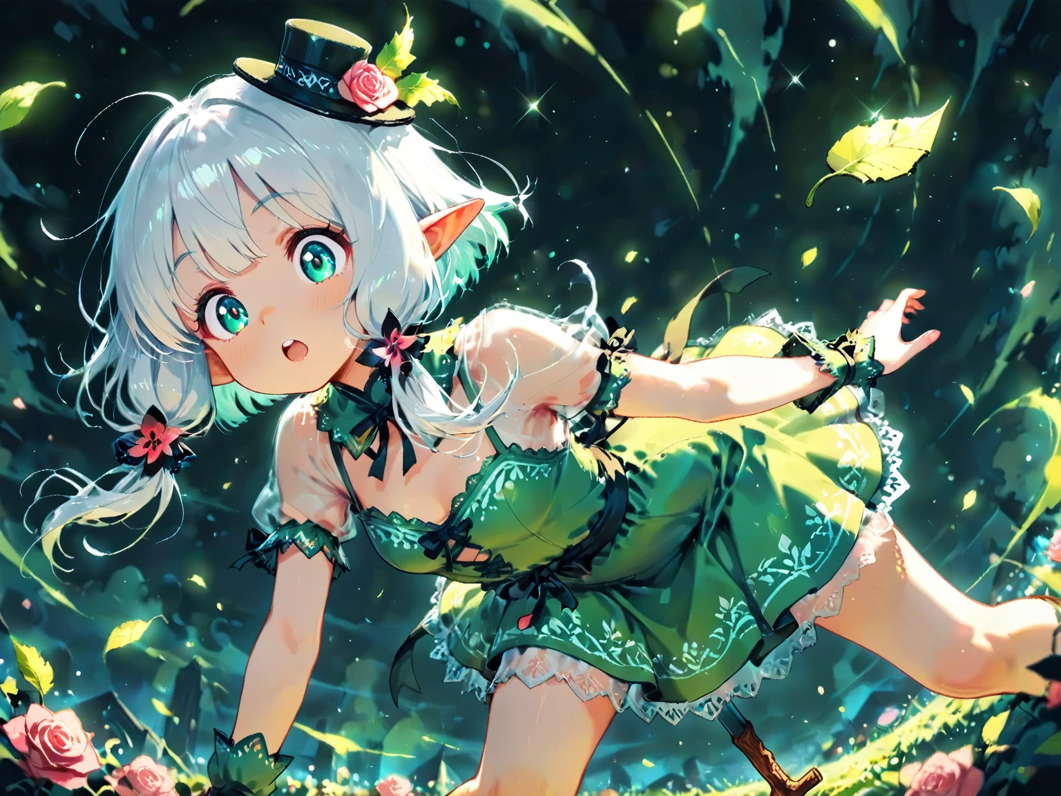 score_9, score_8_up, score_7_up, UHD, Masterpiece, amazing quality, very aesthetic, absurdres, ultra-detailed, BREAK, 1girl\solo\(hamuko-chan, elf, silver bob cut:1.3,  mini hat\pink rose\lace, Intricate:1.3\Green leaf dress\frill, lace),  BREAK, (riding a magical broomstick through the sky in a dynamic and joyful pose,
legs stretched forward enthusiastically as she soars through the air, expressing excitement and freedom,), BREAK, soft magical particles and light sparkles surrounding her, enhancing the sense of movement and joy, BREAK, background with subtle fantasy elements that complement the green dress, soft gradient lighting, vibrant colors, perfect , graceful and energetic pose, cinematic lighting with rim light highlighting the edges of the character and dress), BREAK, BREAK, dynamic angle:1.5, panorama:1.2, cinematic:1.3, atmosphere of discovery and wonder, illustrious art style, cinematic and immersive scene, low angle, 