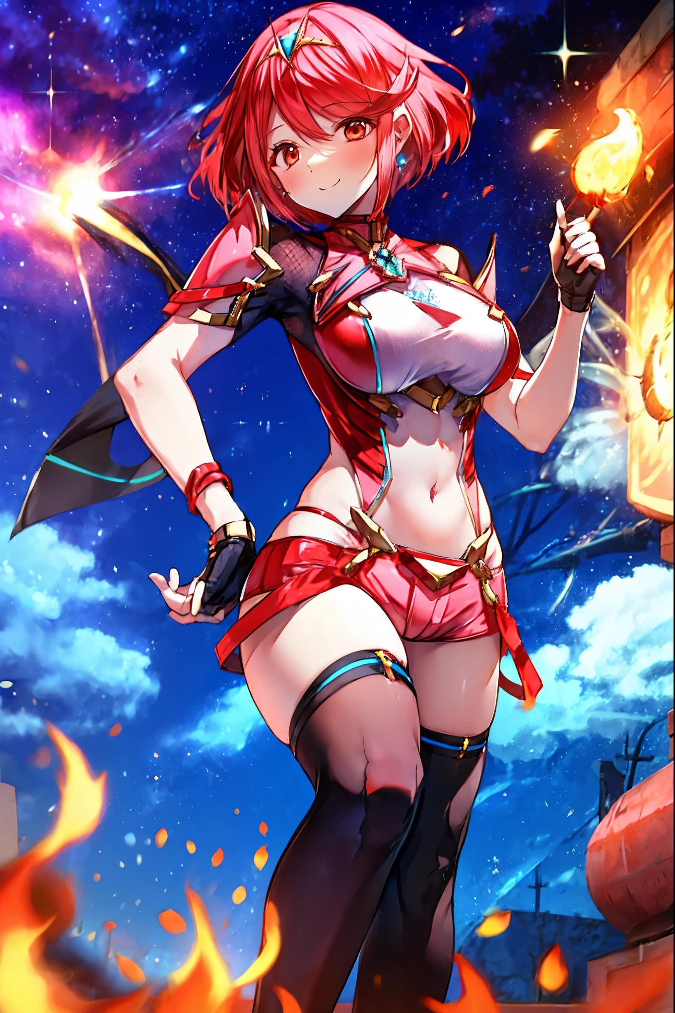 pyra \(xenoblade\), _1girl, , armor, bangs, black gloves, breasts, red eyes, light_open_mouth, earrings, eyelashes, fingerless gloves, floating hair, framed breasts, gem, gloves, hair ornament, headpiece, jewelry, big_breasts, leaning back, swimsuit, neon trim, official art, pose, red hair, saitou masatsugu, short hair, sidelocks, skin tight, 独奏, swept bangs, thighhighs, tiara, fantasy_town_background, underbust, vambraces, xenoblade chronicles \(series\), (xenoblade chronicles 2), (spread_Legs:1.1), fire_effect,dynamic_pose,fighting,light_smile, (plump:1.4), big_is,huge_sword, hold_large_sword_hilt, covered_nipples, (covered_pussy:1.2),cameltoe,back_view, fists,ponytail,plump,beautiful_fingers,(独奏:1.1),(((Pussy in full view))),((I'm showing off my)),(NUDE),(((NFSW))),((sexy costume)),