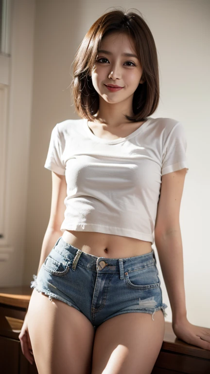 ((Highest quality, 8k, masterpiece :1.3)), 1 person, beautiful woman with slim abs :1.3, (Hairstyle is free :1.2), Short white T-shirt :1.2, Ultra-fine face, Delicate eyes, double eyelid, Underarm,Denim hot pants、Attractive thighs