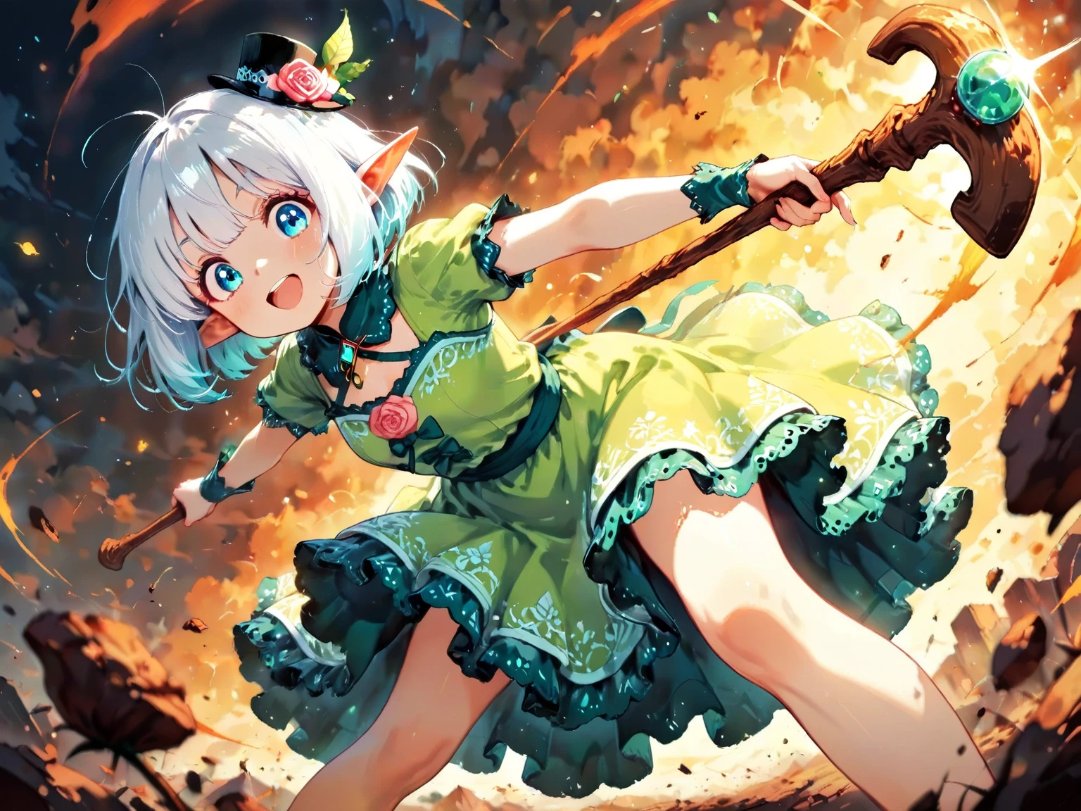 score_9, score_8_up, score_7_up, UHD, Masterpiece, amazing quality, very aesthetic, absurdres, ultra-detailed, BREAK, 1girl\solo\(hamuko-chan, elf, silver bob cut:1.3,  mini hat\pink rose\lace, Intricate:1.3\Green leaf dress\frill, lace),  BREAK, (riding a magical broomstick through the sky in a dynamic and joyful pose,
legs stretched forward enthusiastically as she soars through the air, expressing excitement and freedom,), BREAK, soft magical particles and light sparkles surrounding her, enhancing the sense of movement and joy, BREAK, background with subtle fantasy elements that complement the green dress, soft gradient lighting, vibrant colors, perfect , graceful and energetic pose, cinematic lighting with rim light highlighting the edges of the character and dress), BREAK, BREAK, dynamic angle:1.5, panorama:1.2, cinematic:1.3, atmosphere of discovery and wonder, illustrious art style, cinematic and immersive scene, low angle, 