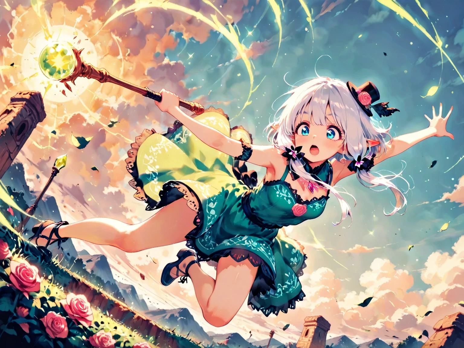 score_9, score_8_up, score_7_up, UHD, Masterpiece, amazing quality, very aesthetic, absurdres, ultra-detailed, BREAK, 1girl\solo\(hamuko-chan, elf, silver bob cut:1.3,  mini hat\pink rose\lace, Intricate:1.3\Green leaf dress\frill, lace),  BREAK, (riding a magical broomstick through the sky in a dynamic and joyful pose,
legs stretched forward enthusiastically as she soars through the air, expressing excitement and freedom,), BREAK, soft magical particles and light sparkles surrounding her, enhancing the sense of movement and joy, BREAK, background with subtle fantasy elements that complement the green dress, soft gradient lighting, vibrant colors, perfect , graceful and energetic pose, cinematic lighting with rim light highlighting the edges of the character and dress), BREAK, BREAK, dynamic angle:1.5, panorama:1.2, cinematic:1.3, atmosphere of discovery and wonder, illustrious art style, cinematic and immersive scene, low angle, 