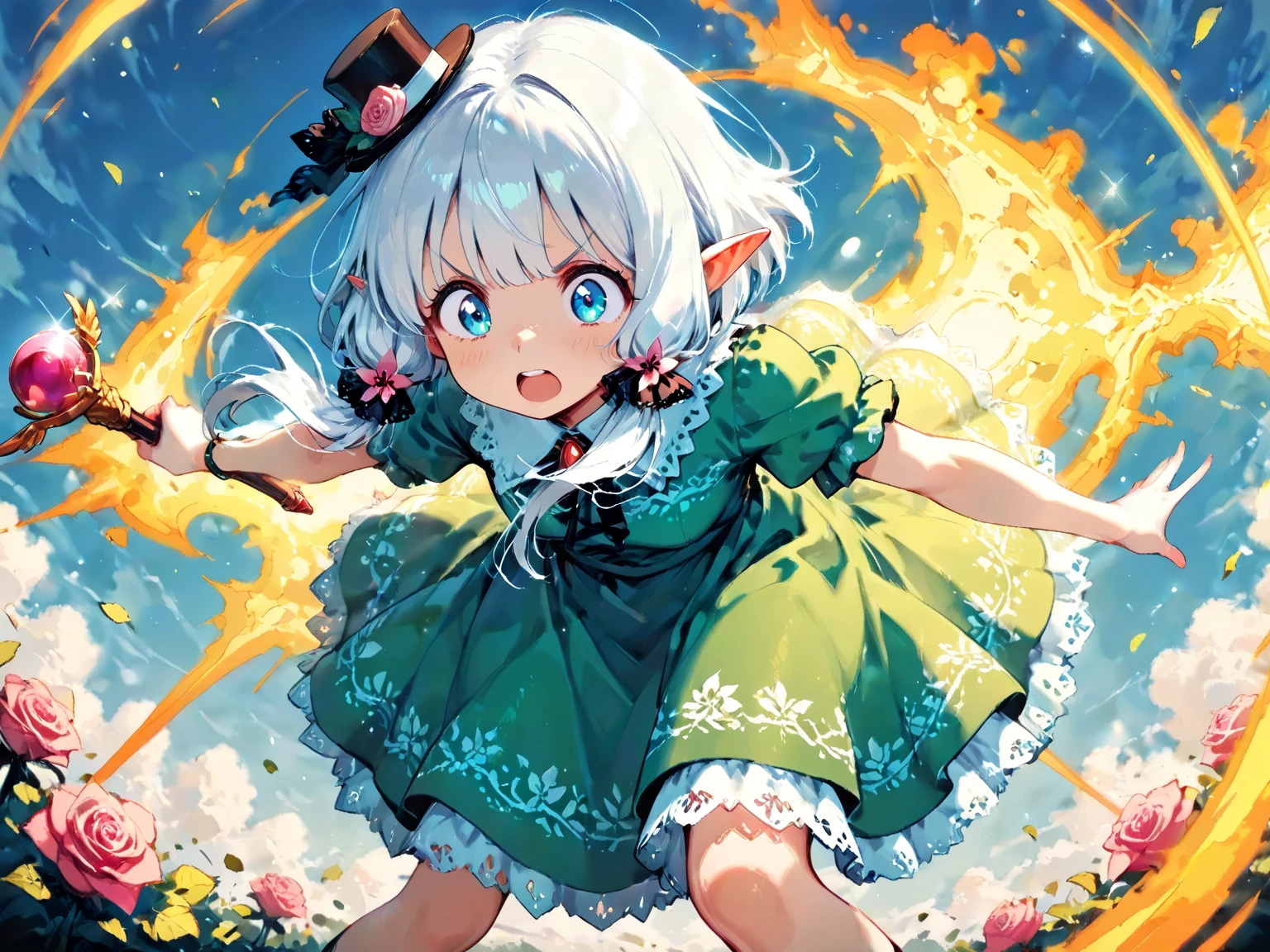 score_9, score_8_up, score_7_up, UHD, Masterpiece, amazing quality, very aesthetic, absurdres, ultra-detailed, BREAK, 1girl\solo\(hamuko-chan, elf, silver bob cut:1.3,  mini hat\pink rose\lace, Intricate:1.3\Green leaf dress\frill, lace),  BREAK, (riding a magical broomstick through the sky in a dynamic and joyful pose,
legs stretched forward enthusiastically as she soars through the air, expressing excitement and freedom,), BREAK, soft magical particles and light sparkles surrounding her, enhancing the sense of movement and joy, BREAK, background with subtle fantasy elements that complement the green dress, soft gradient lighting, vibrant colors, perfect , graceful and energetic pose, cinematic lighting with rim light highlighting the edges of the character and dress), BREAK, BREAK, dynamic angle:1.5, panorama:1.2, cinematic:1.3, atmosphere of discovery and wonder, illustrious art style, cinematic and immersive scene, low angle, 