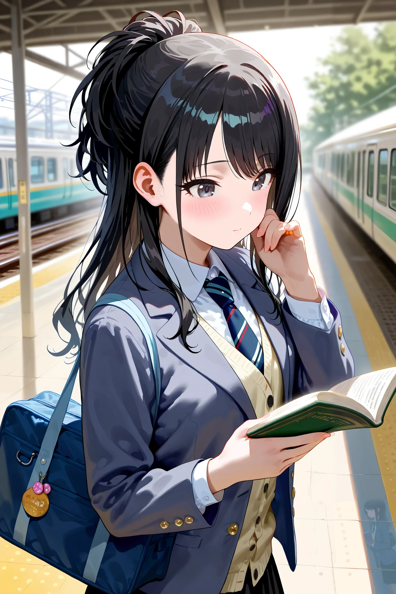 (masterpiece), (Highest quality), (Very detailed), (The best shape), (Best Shadow), (Absurd), (Detailed Background), (so beautiful), Shiny, Beautiful eyes in every detail, Extraordinary, Countershading, 8k, 32K, High resolution, Very Detailed CG ,

Score_9, Score_8_up, Score_7_up, Source_anime, 
(Pastel painting:1.2), (Watercolor painting:1.2),
(Masterpiece, Detailed:1.2), (Foreshortening:1.2),

Cinematic, Dramatic, (depth of field:1.4),
(blurry background:1.4), (Realistic background:1.4), dynamic angle, from side,
1girl, solo, 
Japan, train station, (Platform:1.2), evening, japanesetrainstation,

Kazano Hiori, 
the idolmaster shiny colors,
hiori kazano, ponytail, black hair, black eyes,

(school uniform:1.3), a school bag,
White collar, tie, black tie, Stripes tie, gray tie,
(cardigan:0.9), Inner cardigan, linen cardigan,
blazer, (gray blazer:1.2), long sleeves blazer, (Button-up her blazer:1.5), (buttoned all the way up:1.4),
skirt, closed jacket, plaids skirt, black skirt,

(Blush:1.2),
portrait,
focus on face,
reading a book,
Realistic skin,
Shiny skin,