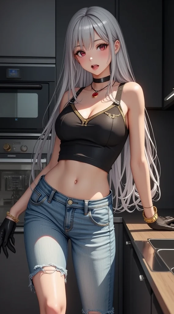Silver hair ponytail, A dark-skinned woman wearing a black dress shirt and slim jeans is preparing fried shrimp。.　Showing your belly button　