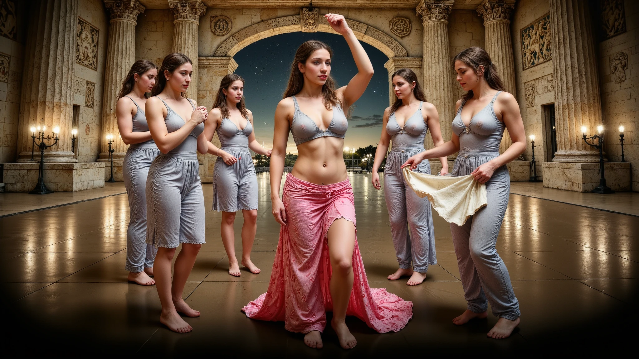 Cinematic film still from fantasy, full body, of ((beautiful woman)), (greek skin), looking at viewer, (wearing robe (flowing goddess attire), (loose robe)), (open, (saggy firm breasts), seductive look, motherly, hard, wide hips,((detailed facial features)), alluring brown eyes, (transparent clothes),(detailed skin), long wavy hair, (ocean base:1.2), damp, moist, intricate details, shallow depth of field, cinematic lighting, reflections, photographed on a Leica 10772 M-P, 50mm lens, F/2.8, HDR, 8k resolution, disciples, worshippers, back view