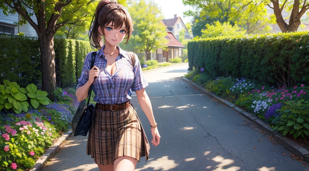 1girl, full body, solo, summer, village, trees, sun, clouds, ((colorful hair)), ponytail, large breasts, button down, blue eyes, ((pale green silk shirt)), ((unbuttoned shirt)), unbuttoning buttons, popping buttons, ((short sleeved shirt)), ((light brown west sweeter)), black mini skirt, brown shoes, grin, looking at the viewer, standing, hair ribbon, cleavage, golden necklate