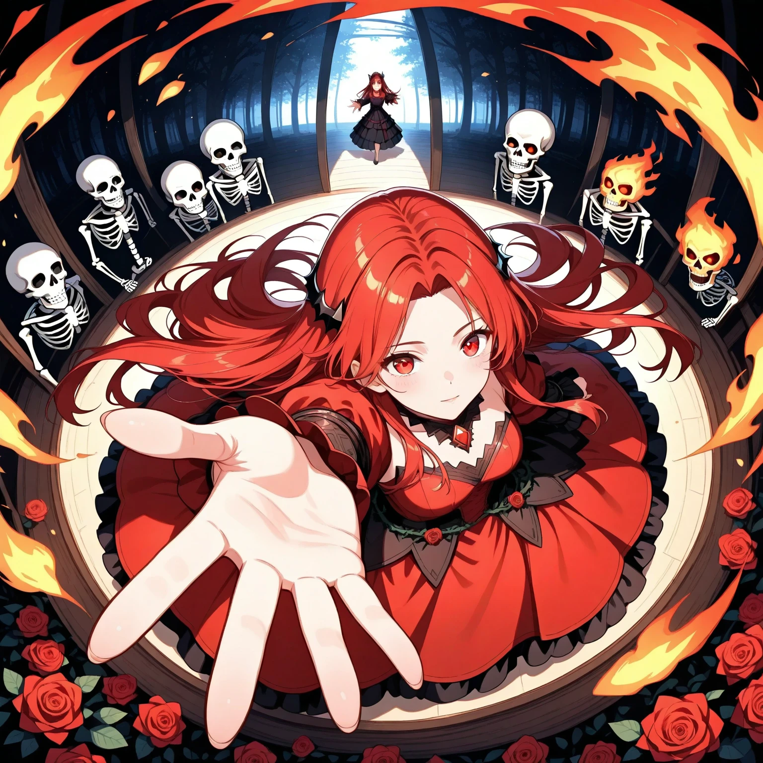 Long red dress,Indifferent eyes,Wrap a bandage on the upper right,A skeleton pendant hangs from his chest,Stepping on mushrooms underfoot