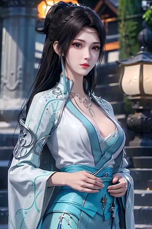 1 beautiful girl in Han costume, thin blue silk shirt with many white patterns, white lace top, long platinum purple ponytail, hair jewelry, ear jewelry, necklace and necklace, big blue eyes drawn meticulously, meticulous makeup, thin eyebrows, high nose, pretty red lips, no smile, pursed lips, rosy cheeks, enlarged breasts, huge breasts, well-proportioned breasts, slim waist, purple mesh socks, chinese hanfu style, fictional art textures, vivid and true to color, RAW photos, realistic photos, ultra-high quality 8k surreal photos, (fantastic lighting effects effect: 1.8), 10x pixels, magic effect (background): 1.8), super detailed eyes, girl portrait, girl alone, hanfu historical background,