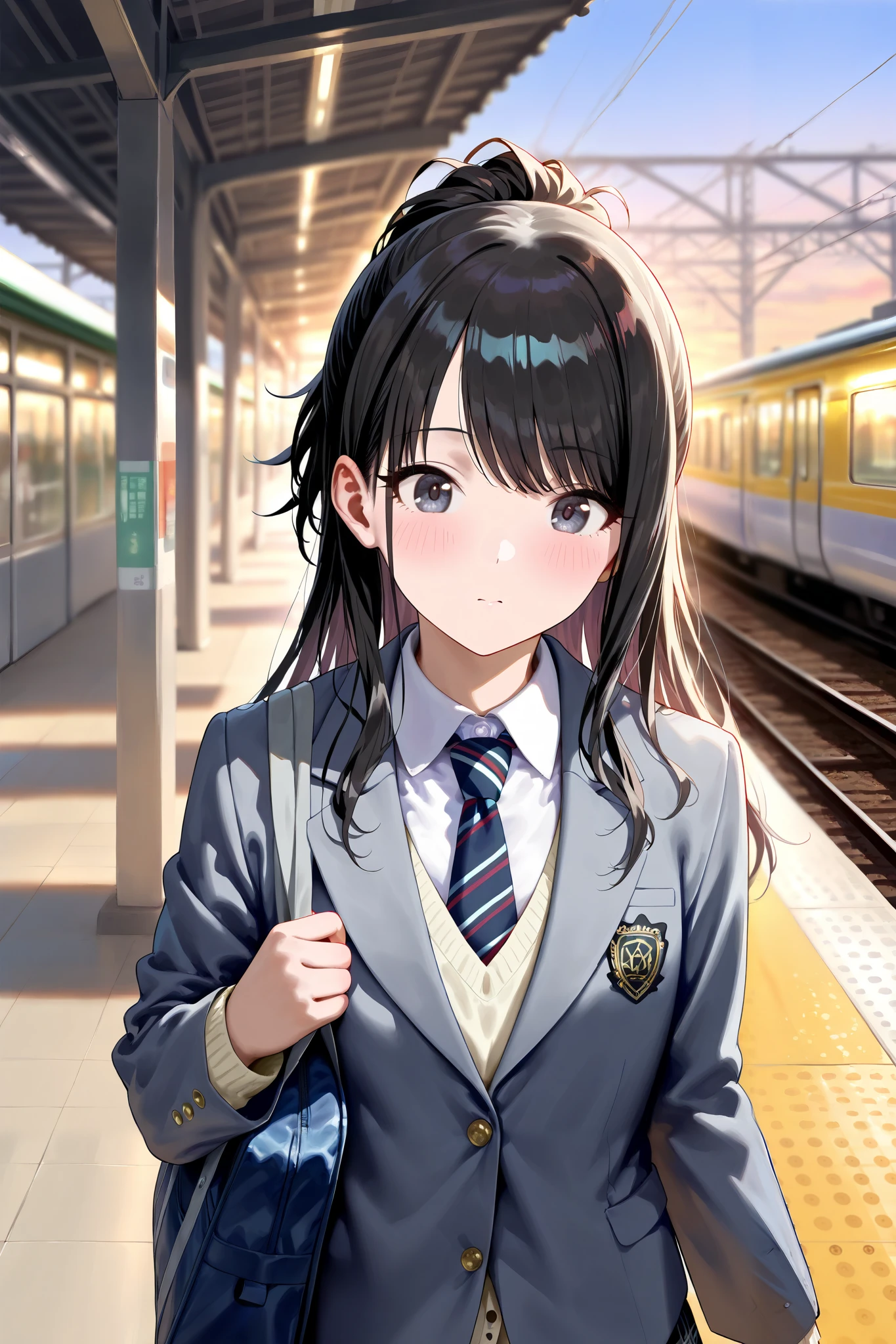(masterpiece), (Highest quality), (Very detailed), (The best shape), (Best Shadow), (Absurd), (Detailed Background), (so beautiful), Shiny, Beautiful eyes in every detail, Extraordinary, Countershading, 8k, 32K, High resolution, Very Detailed CG ,
Score_9, Score_8_up, Score_7_up, Source_anime,
(Pastel painting:1.2), (Watercolor painting:1.2),
(Masterpiece, Detailed:1.2), (Foreshortening:1.2),
Cinematic, Dramatic, (depth of field:1.4),
(blurry background:1.4), (Realistic background:1.4), dynamic angle,
1girl, solo,
Japan, train station, (Platform:1.2), evening, japanesetrainstation,
Kazano Hiori,
the idolmaster shiny colors,
hiori kazano, ponytail, black hair, black eyes,
(school uniform:1.3), a school bag,
White collar, tie, black tie, Stripes tie, gray tie,
(cardigan:0.9), Inner cardigan, linen cardigan,
blazer, (gray blazer:1.2), long sleeves blazer, (Button-up her blazer:1.5), (buttoned all the way up:1.4),
skirt, closed jacket, plaids skirt, black skirt,
(Blush:1.2),
surprised,
portrait,
focus on face,
Realistic skin,
Shiny skin,