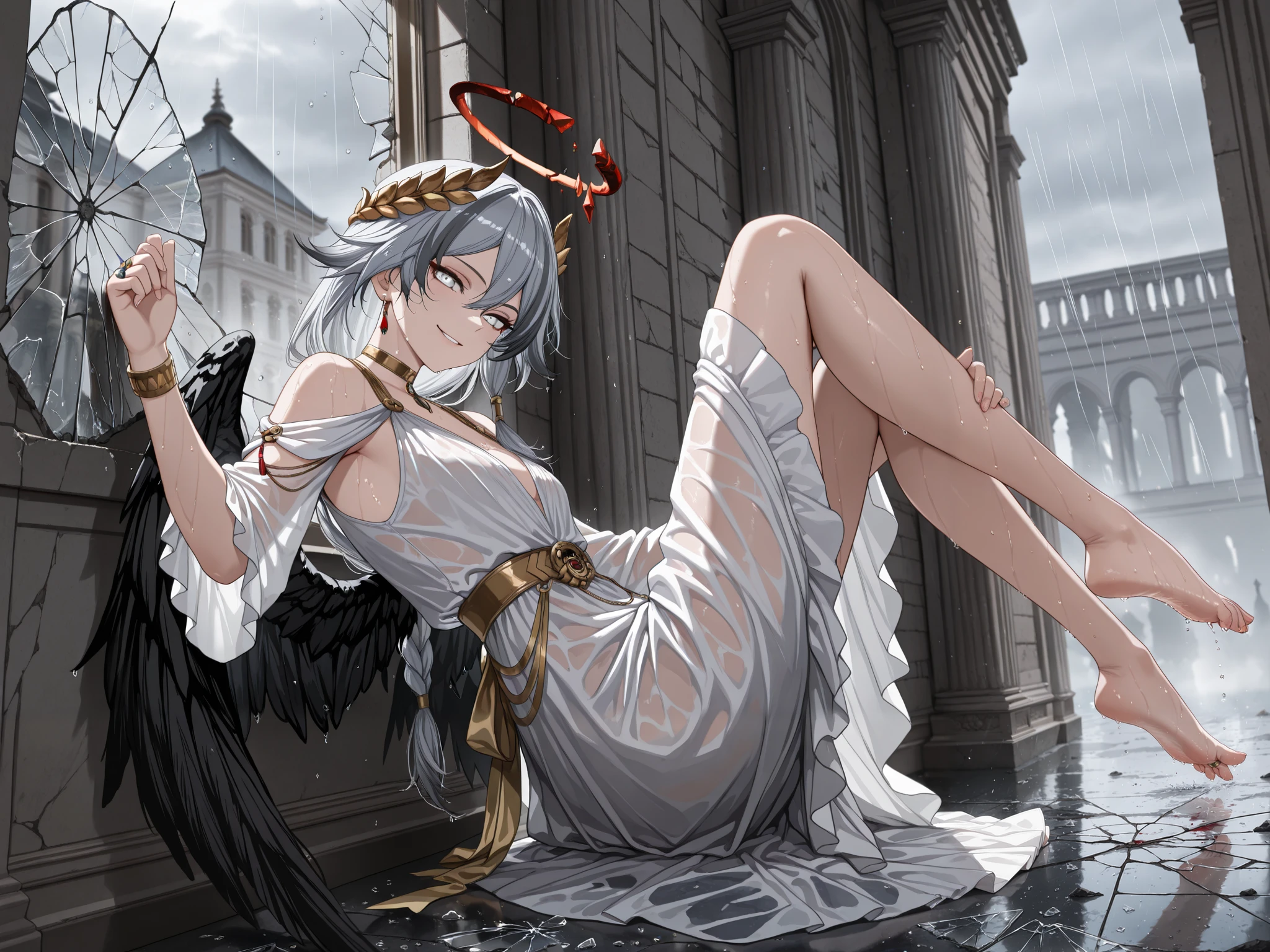 by [|inoitoh||arknights],
1girl, solo, alone, single character, (FuHua, Fol005, Fh_Hos:0.66), (side shot, dynamic shot, medium shot:1.2),fu hua, white and gold toga, gray hair, white hair braided hair, multicolored hair, white eyes, ring eyes, broken red and bleeding halo, greco-roman clothes, ancient greek clothes, gold choker, laurel crown, shattered body, ((shattered glass, broken glass:1.3), fallen angel aesthetic french dress:1.4), french royalty, french princess, french aristocrat, assassin's creed, 
looking at viewer, greco-roman architecture, smirk, wet clothes, teasing, rain, wet body, wet hair, shining skin, seductive pose, laying against the wall, leg raise, leg lift, showing her feet,
(mature, exquisite detail, 8k, 4k, sharp focus, ultra-detailed, detailed background, absurdres, best quality, amazing quality, very aesthetic, high resolution, newest, hyper-detailed:0.78)
 