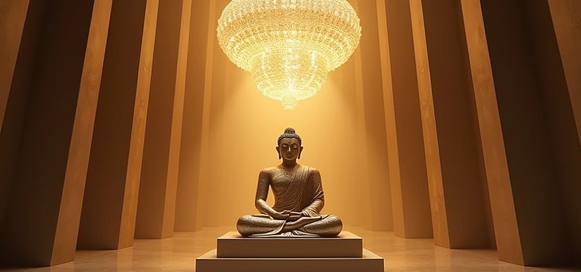 “Create a high-resolution image featuring a serene and majestic Buddha statue with a divine aura. The Buddha should be placed against a background of a traditional temple, with a peaceful and sacred atmosphere. Add gentle floral elements and soft glowing light around the Buddha to enhance the divine feeling. Include an inspirational quote in Japanese, such as