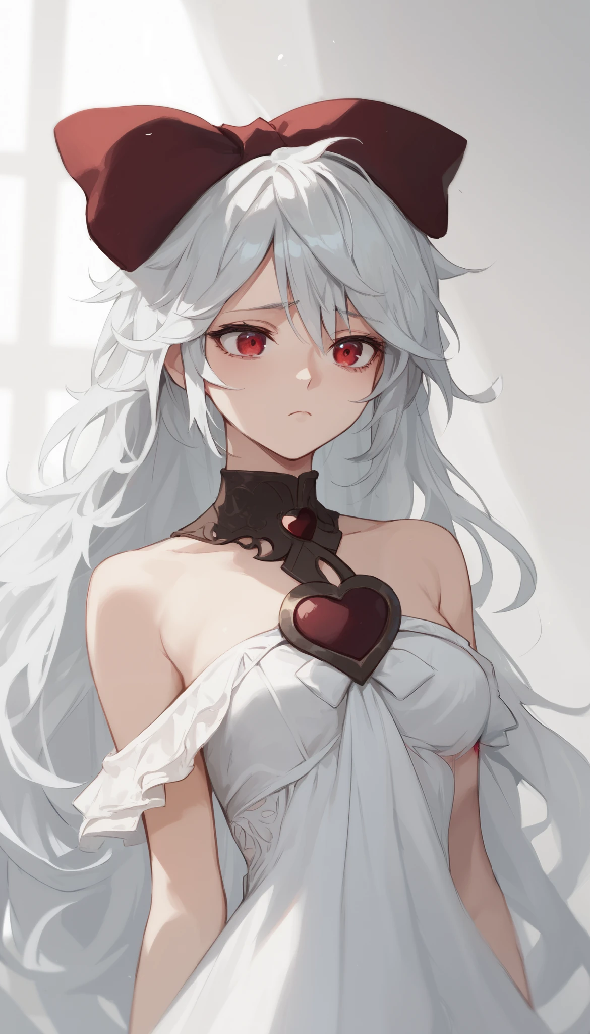 score_9, score_8_up, score_7_up, sinestrea, 1girl, white hair, shoulders, white dress, frown hair bow, long hair, heart brooch, , hair bow, ribbon, red eyes,Bedroom