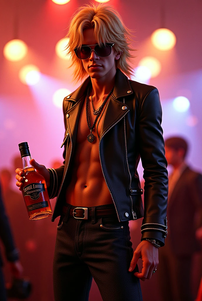 full body picture with a face of super cute young skinny teen guy ,soft facial features, soft jaw, very long blond hair, large chest and large pecs with large erect and abs looking happy and sexy, skinny hips and thighs, wearing very tight thong, showing an erect , in a nightclub, disco lights,