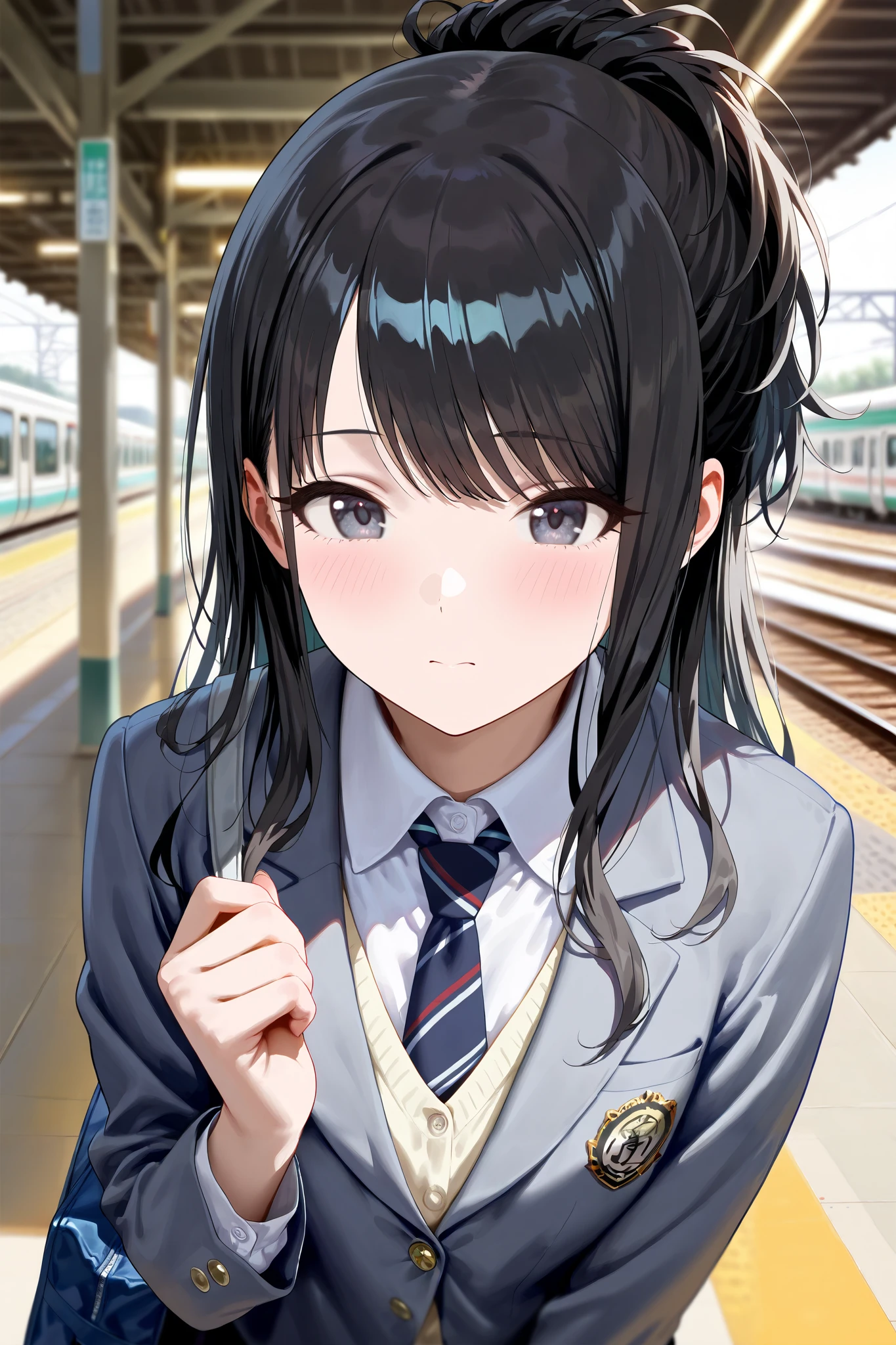(masterpiece), (Highest quality), (Very detailed), (The best shape), (Best Shadow), (Absurd), (Detailed Background), (so beautiful), Shiny, Beautiful eyes in every detail, Extraordinary, Countershading, 8k, 32K, High resolution, Very Detailed CG ,
Score_9, Score_8_up, Score_7_up, Source_anime,
(Pastel painting:1.2), (Watercolor painting:1.2),
(Masterpiece, Detailed:1.2), (Foreshortening:1.2),
Cinematic, Dramatic, (depth of field:1.4),
(blurry background:1.4), (Realistic background:1.4), dynamic angle,
1girl, solo,
Japan, train station, (Platform:1.2), evening, japanesetrainstation,
Kazano Hiori,
the idolmaster shiny colors,
hiori kazano, ponytail, black hair, black eyes,
(school uniform:1.3), a school bag,
White collar, tie, black tie, Stripes tie, gray tie,
(cardigan:0.9), Inner cardigan, linen cardigan,
blazer, (gray blazer:1.2), long sleeves blazer, (Button-up her blazer:1.5), (buttoned all the way up:1.4),
skirt, closed jacket, plaids skirt, black skirt,
(Blush:1.2),
parted rips,
portrait,
focus on face,
Realistic skin,
Shiny skin,