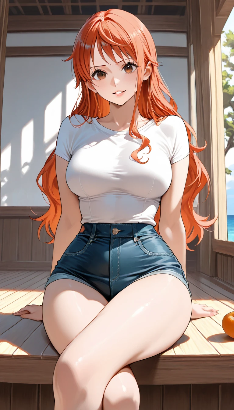 masterpiece, best quality, 8k, portrait of a 22yo female, long orange hair, striped sweater, outdoors, sitting, lake, adult, tall, huge breasts ,wide hips