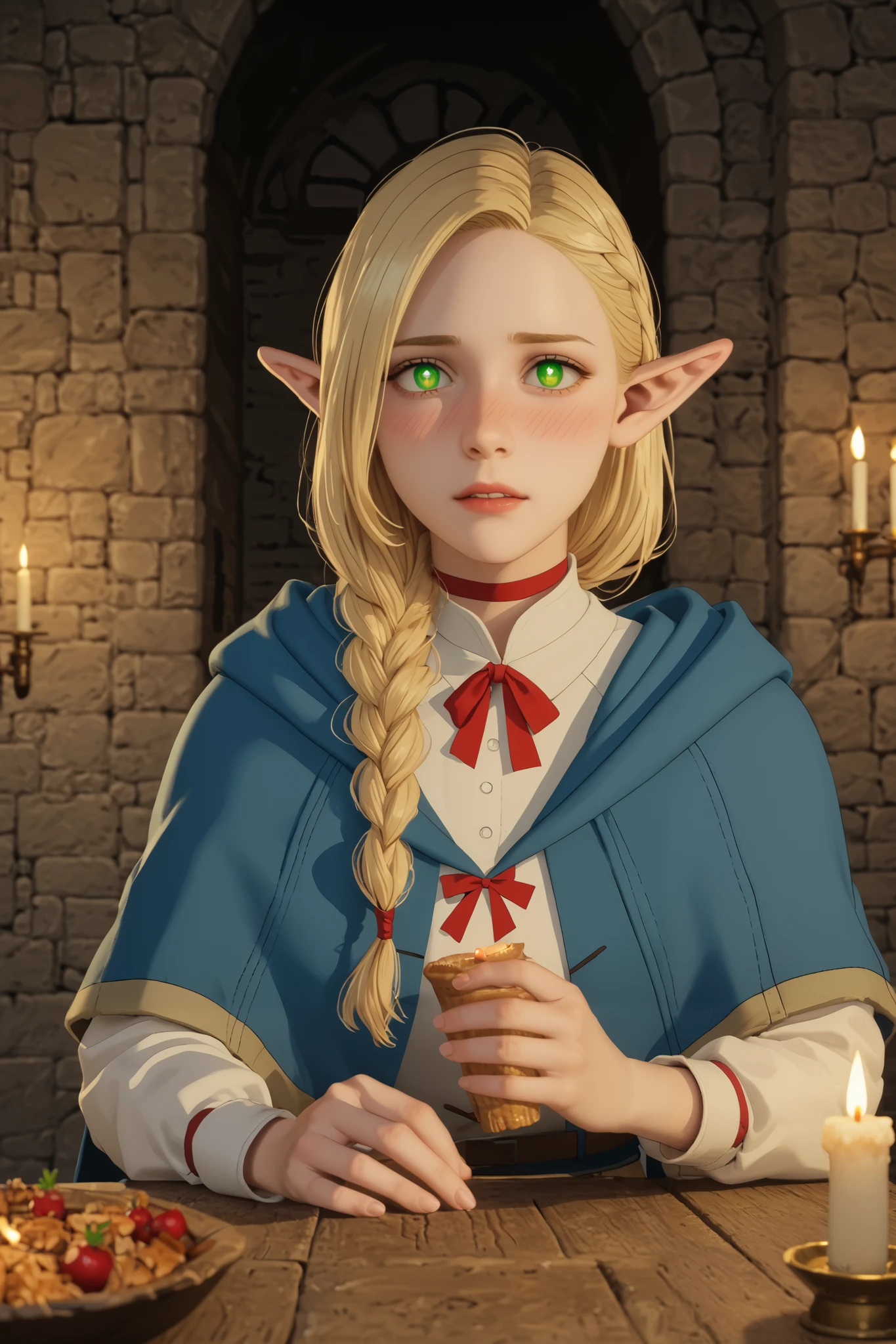 (nsfw:1.3),( best quality:1.3), ( 4k quality ),( sharp image ), (( Masterpiece face)),(( perfect and detailed eyes )), (Blush),cinematic lighting , extremely detailed 8k background image made in Unity, ((Medieval castle dungeon corridor,acampamento, Candle Light)), ( glowing skin:1), Cinematic light , 8k resolution, facial details, (sharp focus: 1.2), ( glowing skin:1),(Focus on the pubis:1.2), anatomically correct, Marcille donato, loira, olhos azuis, elf ears, Alto detalhe, corpo inteiro, sem sapatos, descalça, saia erguida de propósito, exibindo a calcinha, ((abundunt blonde pubic hair)), virilha não-depilada, (Enjoying masturbation ), calcinha arredada pro lado, ( masturbation behavior ), rosto com tesão, ruborizada, estilo anime dungeon meshi