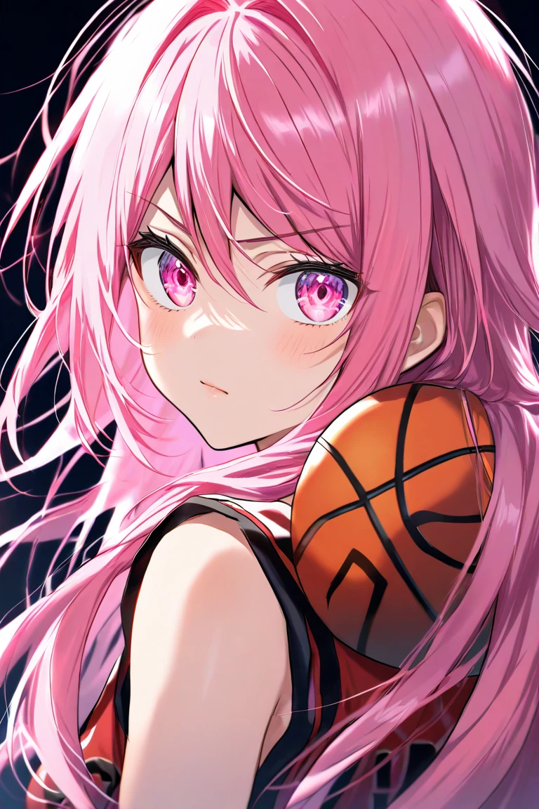 1girl,pink hair, pink eyes with love, detailed eyes, straight hair, straight bangs, shiny hair, high-definition,masterpiece,best quality, masterpiece, best quality, high resolution, aabeta, double, slim waist, cute, ((Masterpiece, top quality, high resolution)), ((highly detailed CG unified 8K wallpaper)) basketball player, making a powerful dunk shot, seen from above, dynamic sports photo, (PastelColors: 1.3)