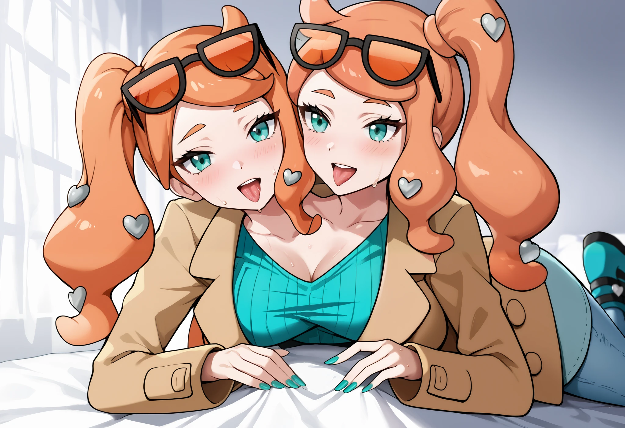best resolution, anime woman with two heads, conjoined, score_9 , score_8_up , score_7_up , source_anime , pokemonsonia , pokemonsonia , aqua eyes , heart , heart hair ornament , long hair , long sleeves , orange hair , side ponytail , swept bangs , aqua footwear , aqua nails , aqua shirt , brown coat ,brown jacket , coat , collarbone , eyewear on head , jacket , long sleeves , orange-tinted eyewear , pants , ribbed shirt , shirt , sunglasses , tinted eyewear , on bed , bent over , looking at each other ,tongue out, blushng, sweating, on bed