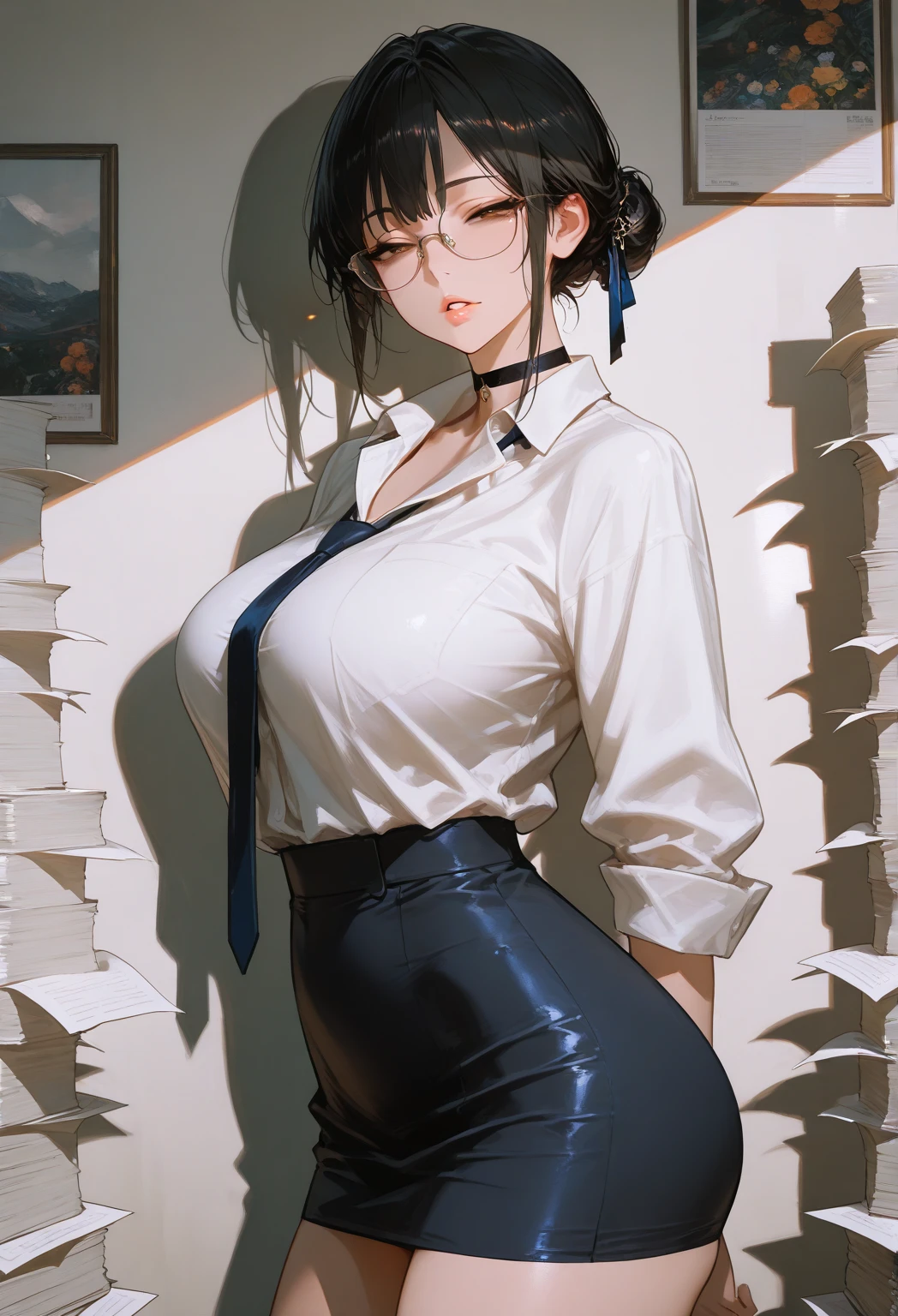 juri han, work of art, tight white secretary shirt with black tie, black high waist skirt, short skirt, short hair, black hair, black tights evil smile,oculos