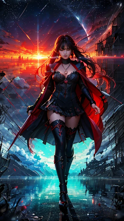 Thor from Norse mythology as a woman, a semi-worn black cape, (hair with 2 long braids), redhead, Viking style fur leather shoulder pads, White and black futuristic style top blouse, Black shorts in futuristic style with several black and yellow tactical belts, Black and gold futuristic style heels, Giant hammer of Thor from Norse mythology in futuristic style, crashing the hammer into the ground leaving an aura full of yellow rays.