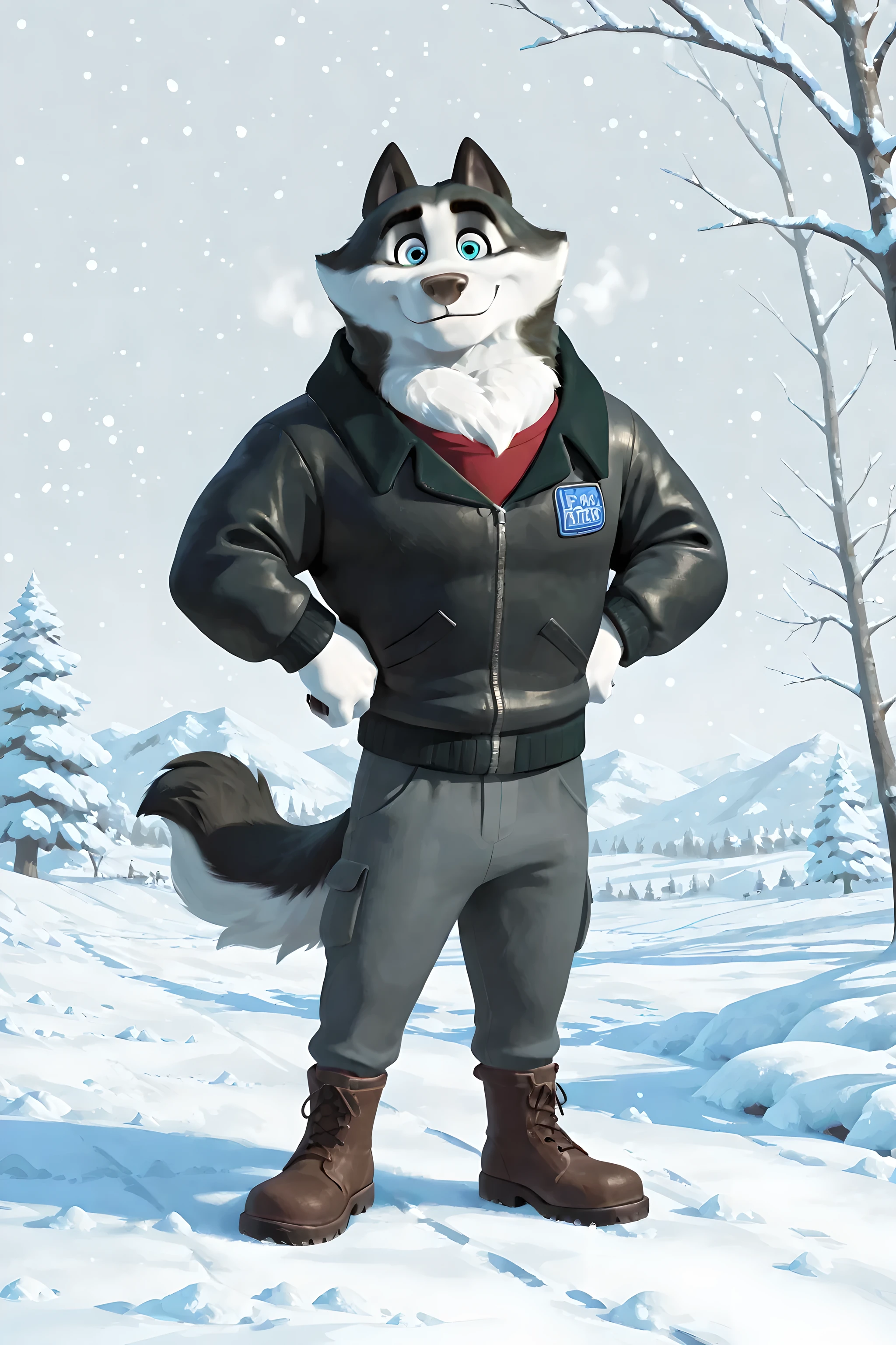 Duke (Arctic Dogs), anthro dog, black fur, white fur, male, blue eyes, black jacket, dark grey pants, dark brown boots, short legs, high quality, full body, standing, looking at viewer, solo, snow, winter background