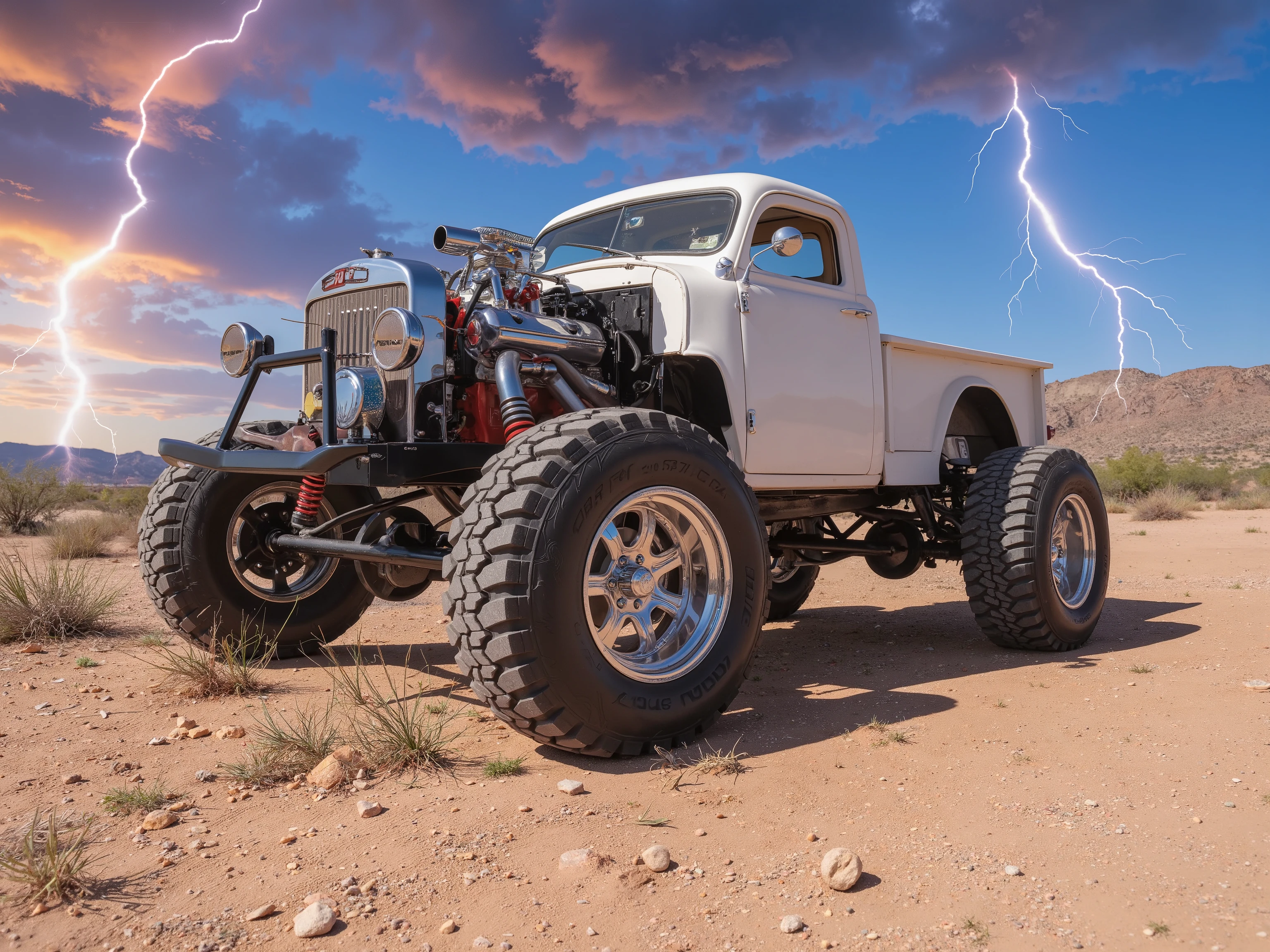 Create a photorealistic image of an extreme, OFF ROAD, vintage pickup with a lifted frame. It has monster tires in the rear.  The rims are polished chrome. The engine is exposed and accented with a chromed blower. The sky is colorful with heat lightning bolts and strikes. The backdrop is a sunny, southwestern desert