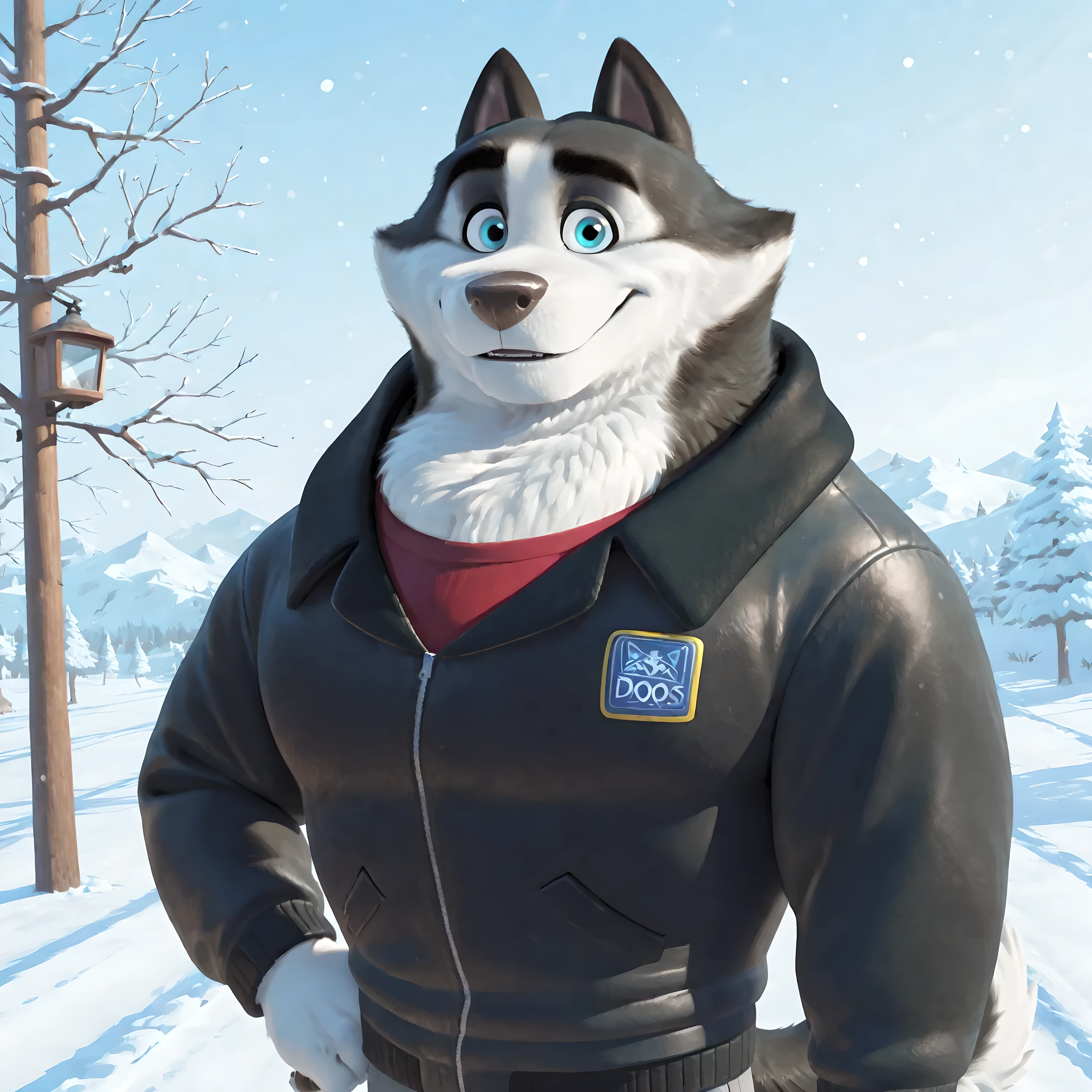 Duke (Arctic Dogs), anthro dog, black fur, white fur, male, blue eyes, black jacket, high quality, half body, standing, looking at viewer, solo, winter background
