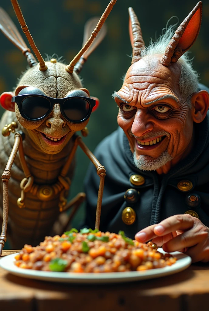 a couple of people sitting at a table with plates of food in front of them and a detailed alien head, (blonde woman:0.8), 8k uhd
