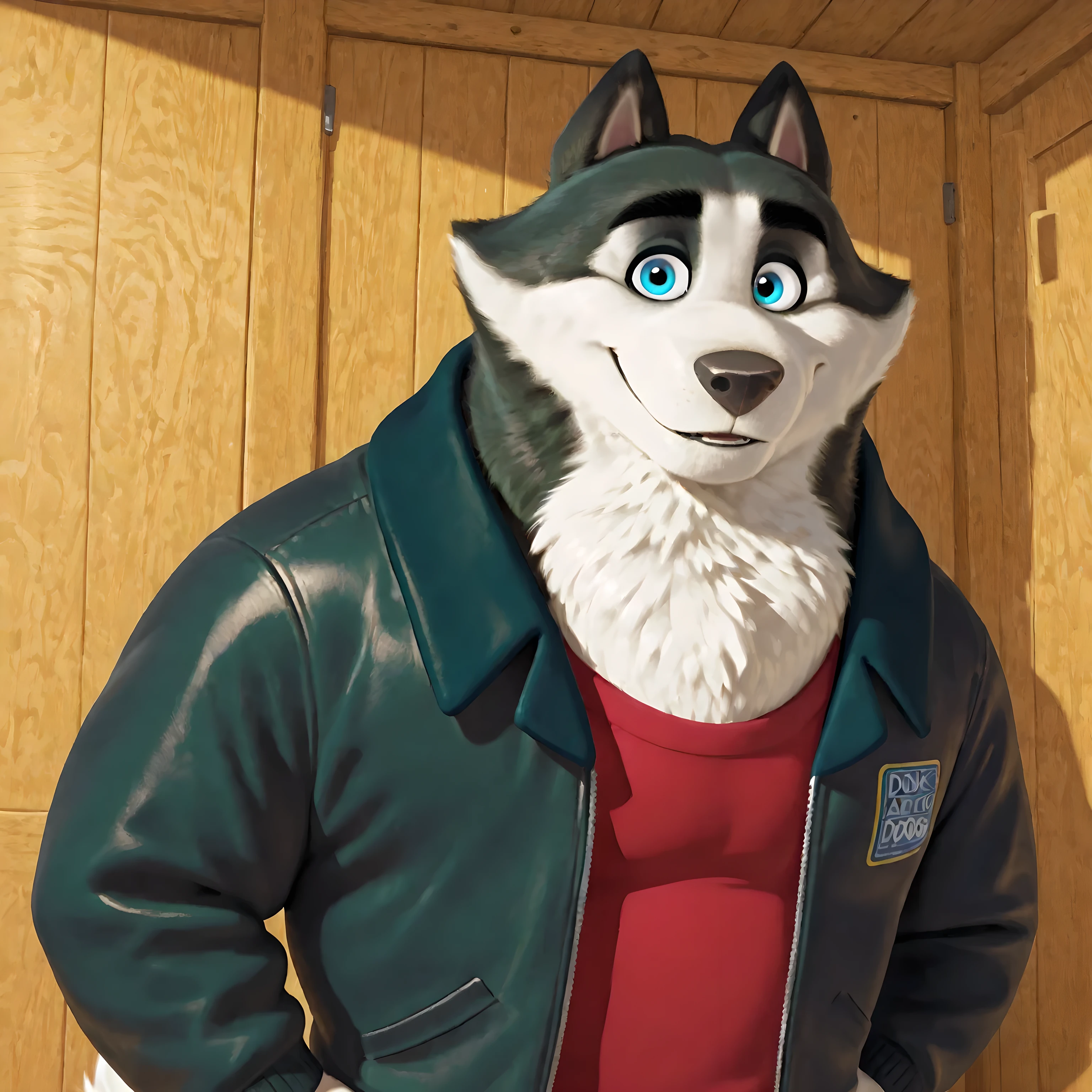 Duke (Arctic Dogs), anthro dog, black fur, white fur, male, blue eyes, black jacket, open jacket, high quality, half body, standing, looking at viewer, solo,